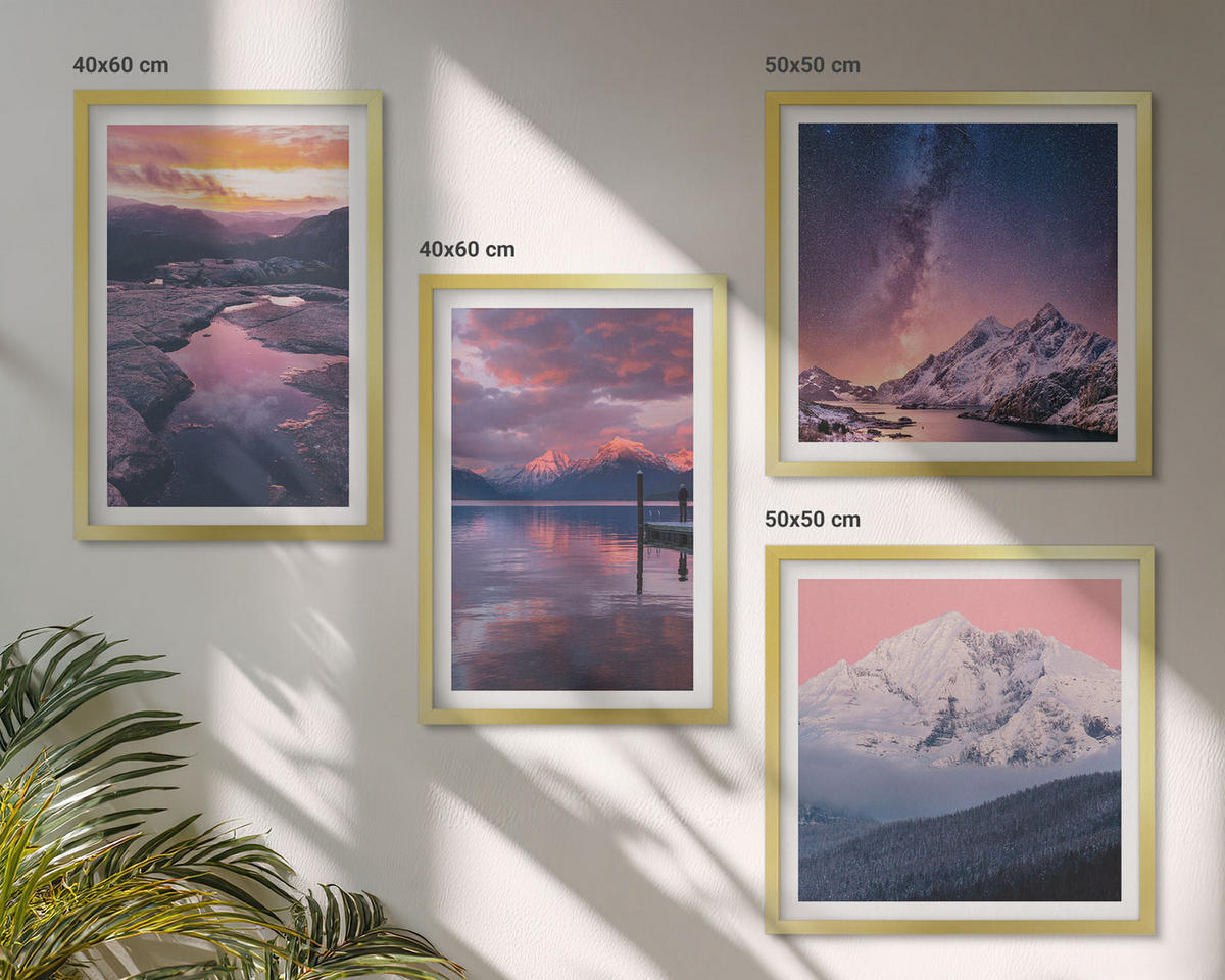 BILDER SET 4er Set - 50x50 cm & 40x60 cm Goldrahmen - Berge, Wasser, wunderschöne Landschaften - Goldfarben, Kunststoff (50/50cm) - TULUP
