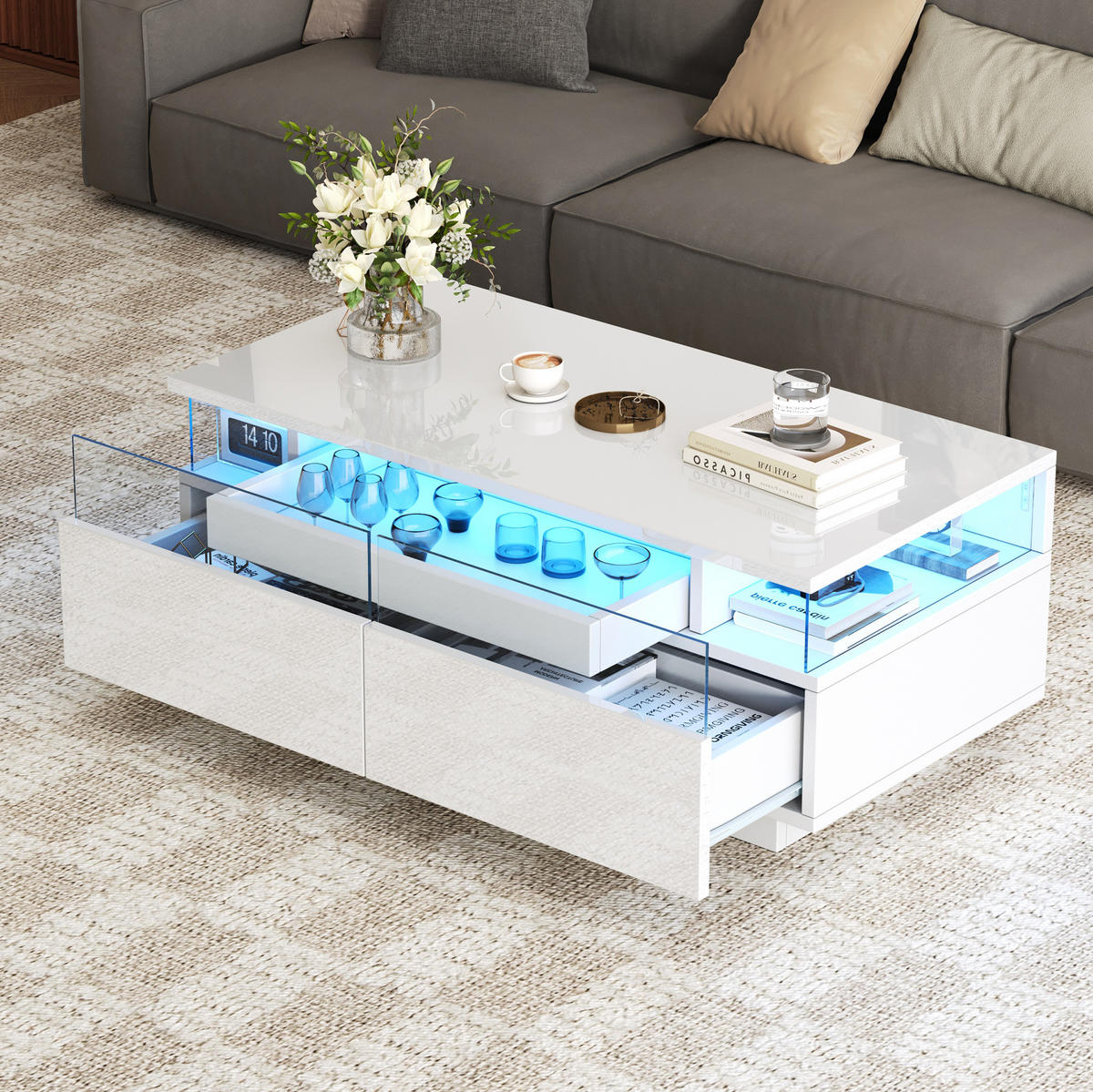 KONFERENČNÍ stolek z dřevotřísky 90x45x35,5 cm bílý s LED osvětlením, odnímatelným podnosem a 2 zásuvkami - bílá, kompozitní dřevo (90/45/35.5cm) - Modfu