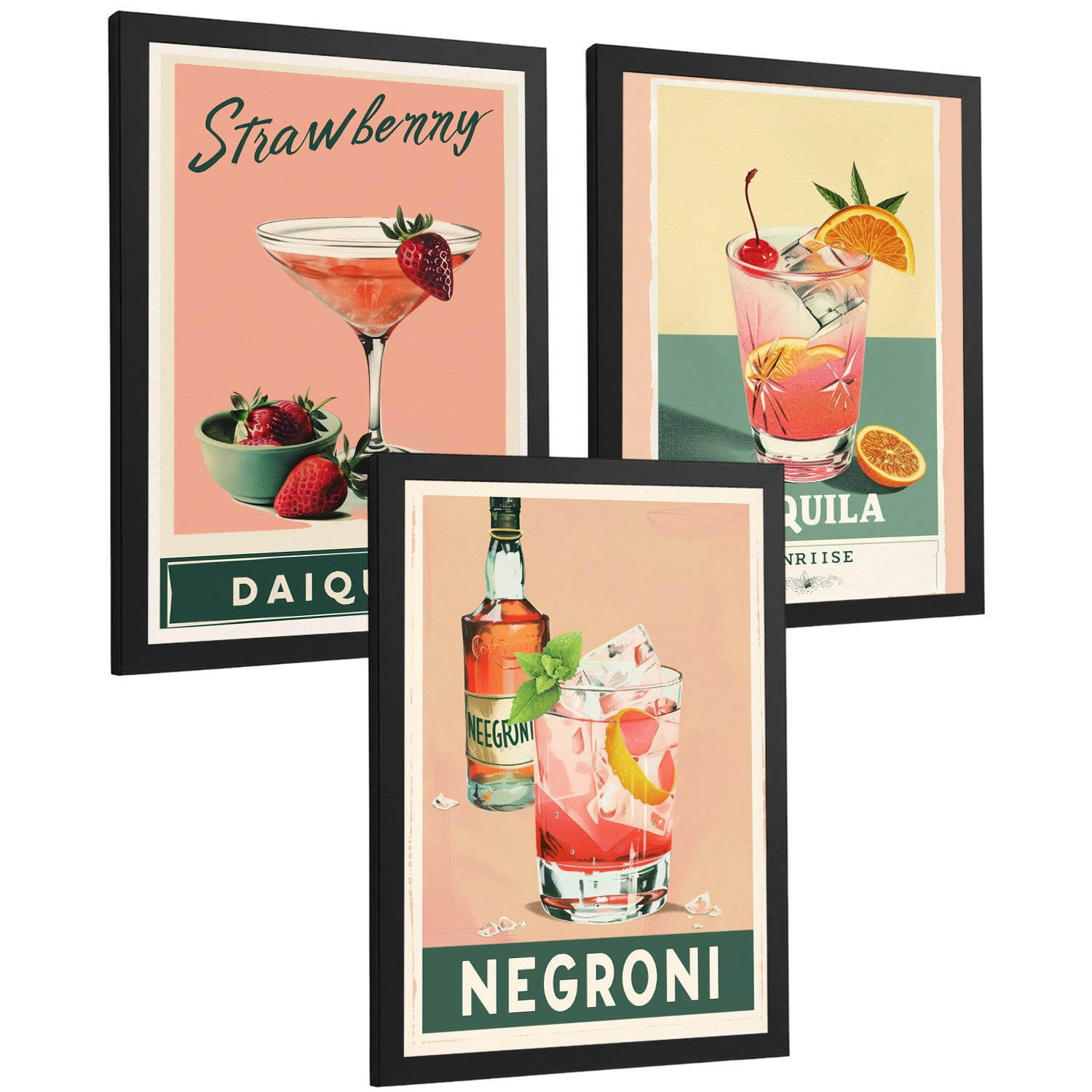 Nacnic PLAKAT Sada 3 Koktejly A4 Černý rám