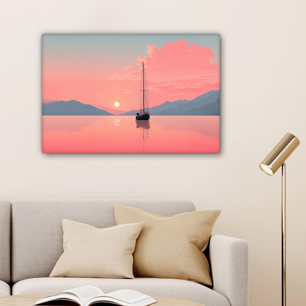LEINWANDBILD Segelboot - Rosa Meer - Sonnenuntergang - Berge Wanddeko 90x60 cm - Rosa, Textil (90/60cm) - MuchoWow