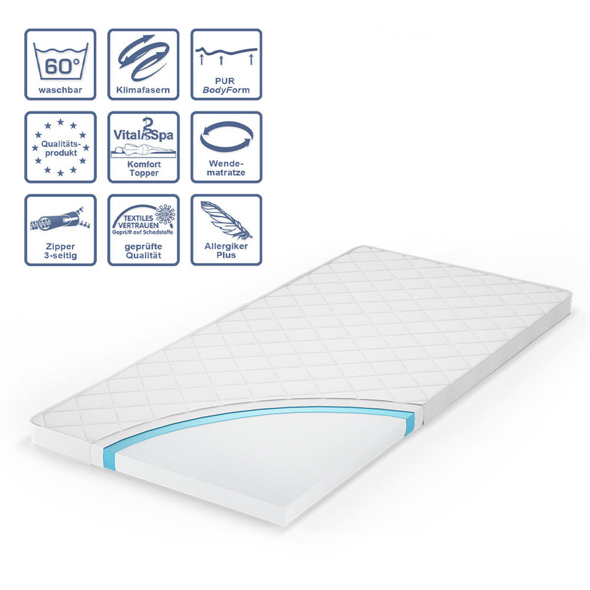 MATRATZENSCHONER Weiß 90 x 200 cm Pur 340 Topper - Weiß, Textil - VitaliSpa