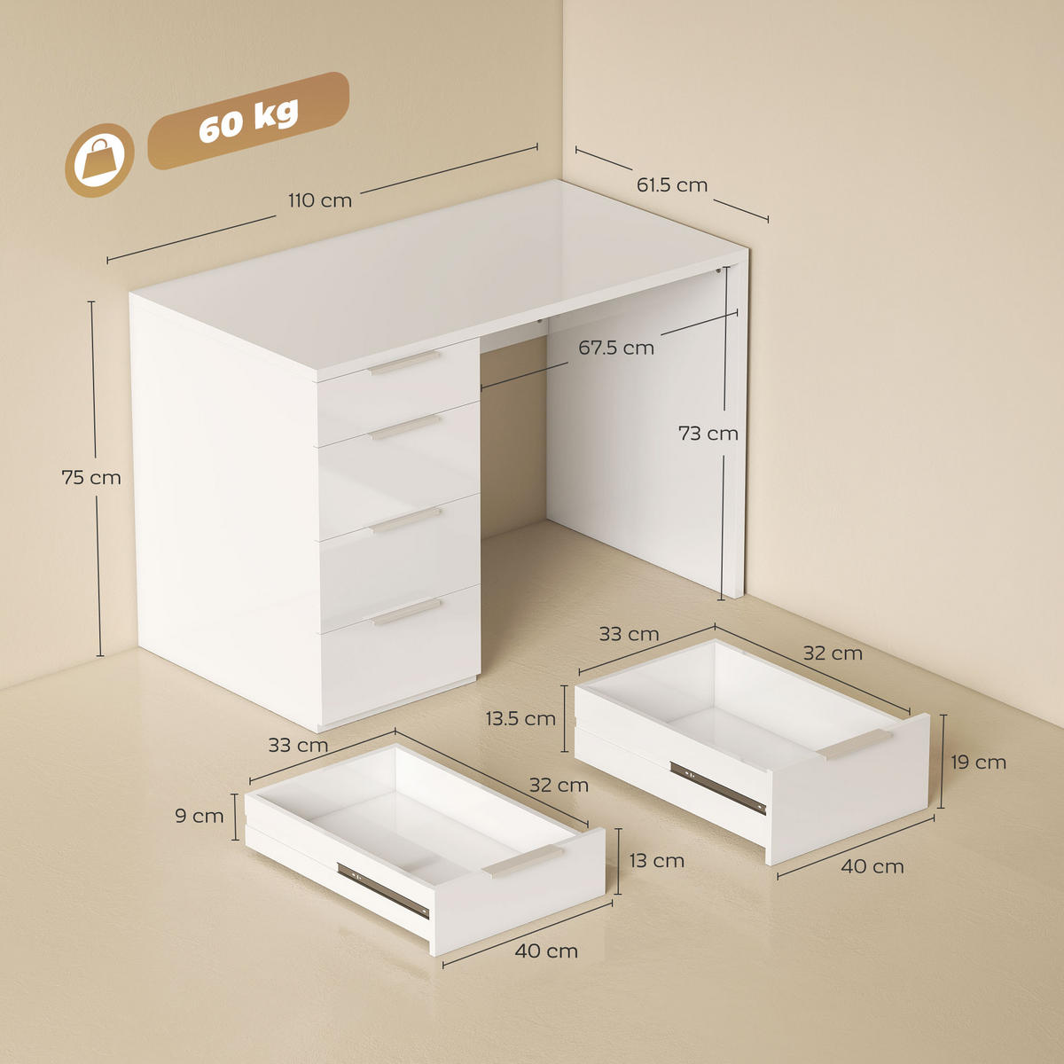 BÜROTISCH Glänzend Weiß 1 Stück - Weiß, Holzwerkstoff (61.5/110/75cm) - GiPP