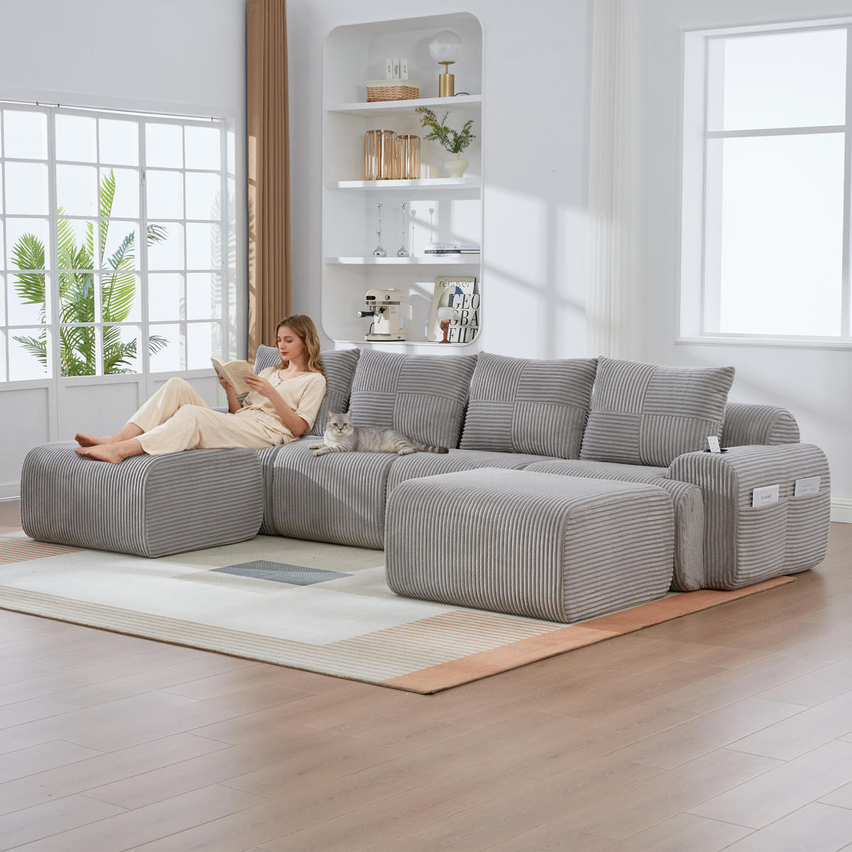 WOHNLANDSCHAFT modular 4-Sitzer mit 2 Hockern 333 x 174 cm Cord Hellgrau - Hellgrau, Kunststoff (174/80/333cm) - Meubliv