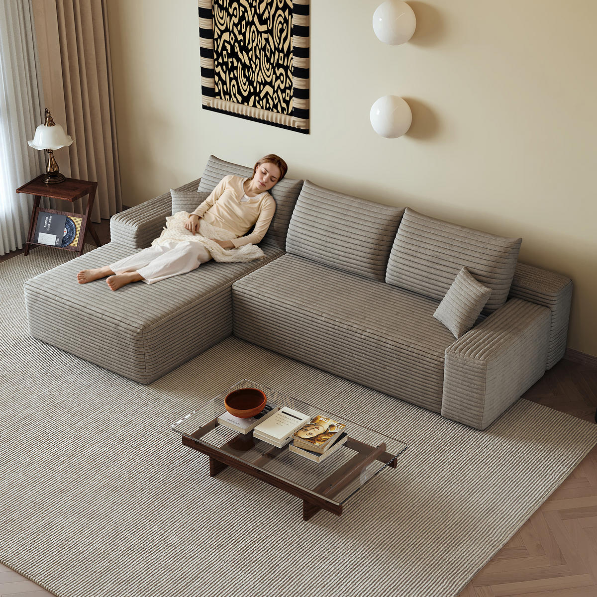 ECKSOFA 270/175/83 cm Kamel Cord mit Chaiselongue, Linke Seite - Braun/Cappuccino, Textil (270/175cm) - Oxeza