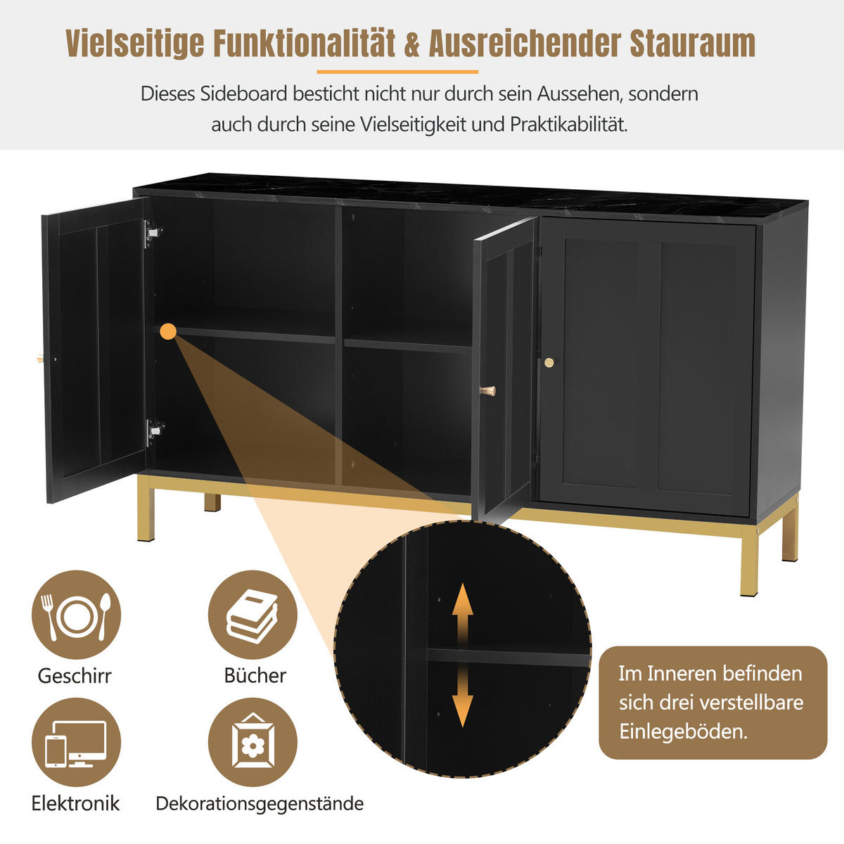 SIDEBOARD 140 cm in Weiß & Marmor-Optik 3 Türen - Schwarz, Holzwerkstoff (140/80/40cm) - Urban Meuble