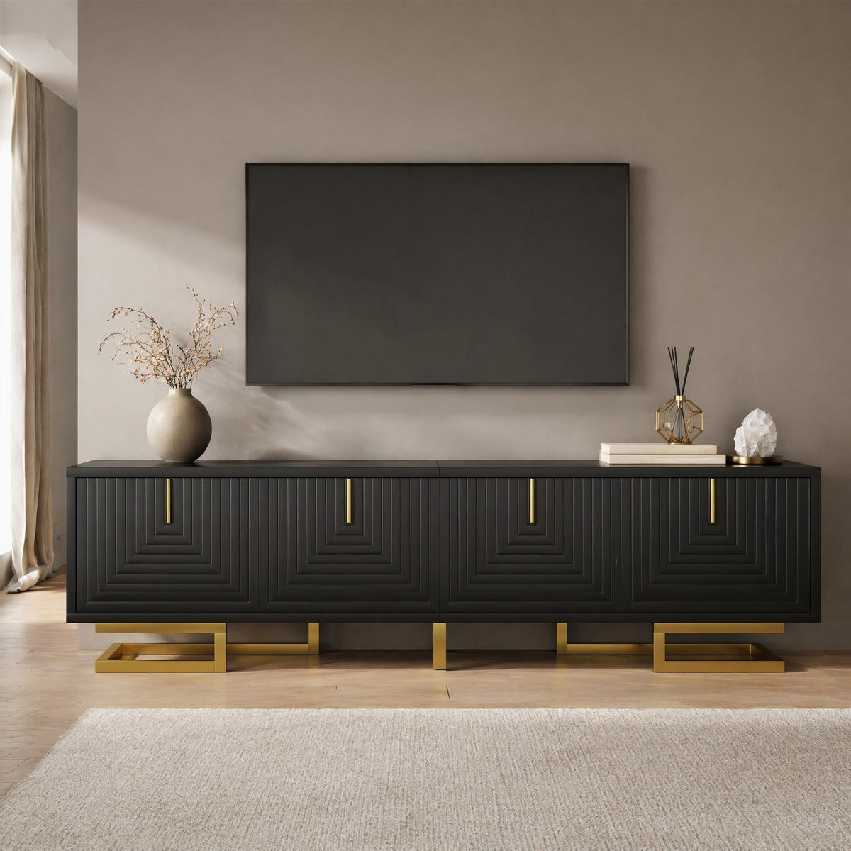 TV STOLEK černý, strukturovaná dvířka, zlaté úchytky, do obývacího pokoje, 160×38×44,5 cm - černá/zlatá, kov/kompozitní dřevo (160/44.5/38cm) - STILVORA