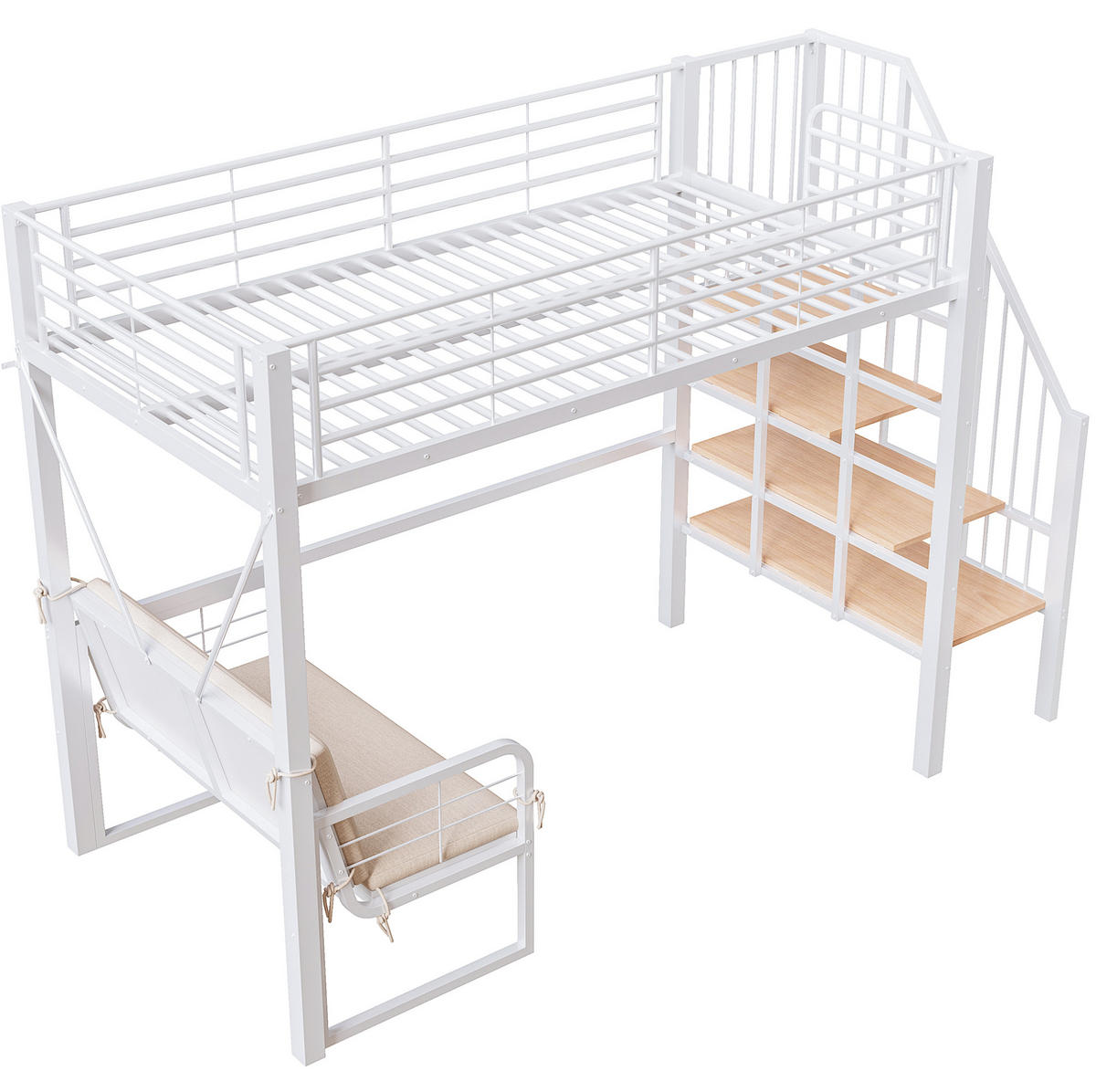 ETAGENBETT 90/200 cm mit abnehmbarem Polstersofa, Stauraumtreppe und Metall-Rahmen, Weiß - Weiß, Holzwerkstoff (90/200cm) - Redom