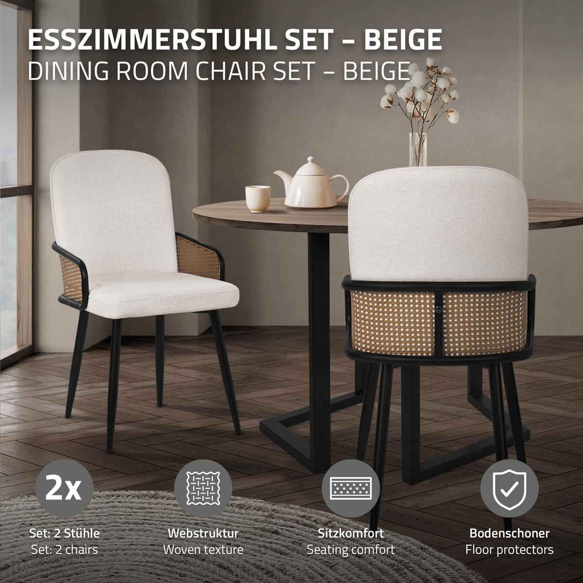 JÍDELNÍ ŽIDLE, sada 4 ks, béžové s látkovým potahem, ratanový vzhled - černá/béžová, kov/textil (51/91/61cm) - ML-DESIGN