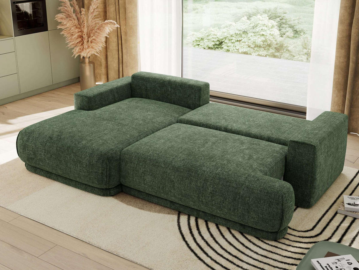 ECKSCHLAFSOFA RINA L Dunkelgrün Schenille grob gewebt - links - Dunkelgrün/Schwarz, Kunststoff/Textil (267/170cm) - MKS