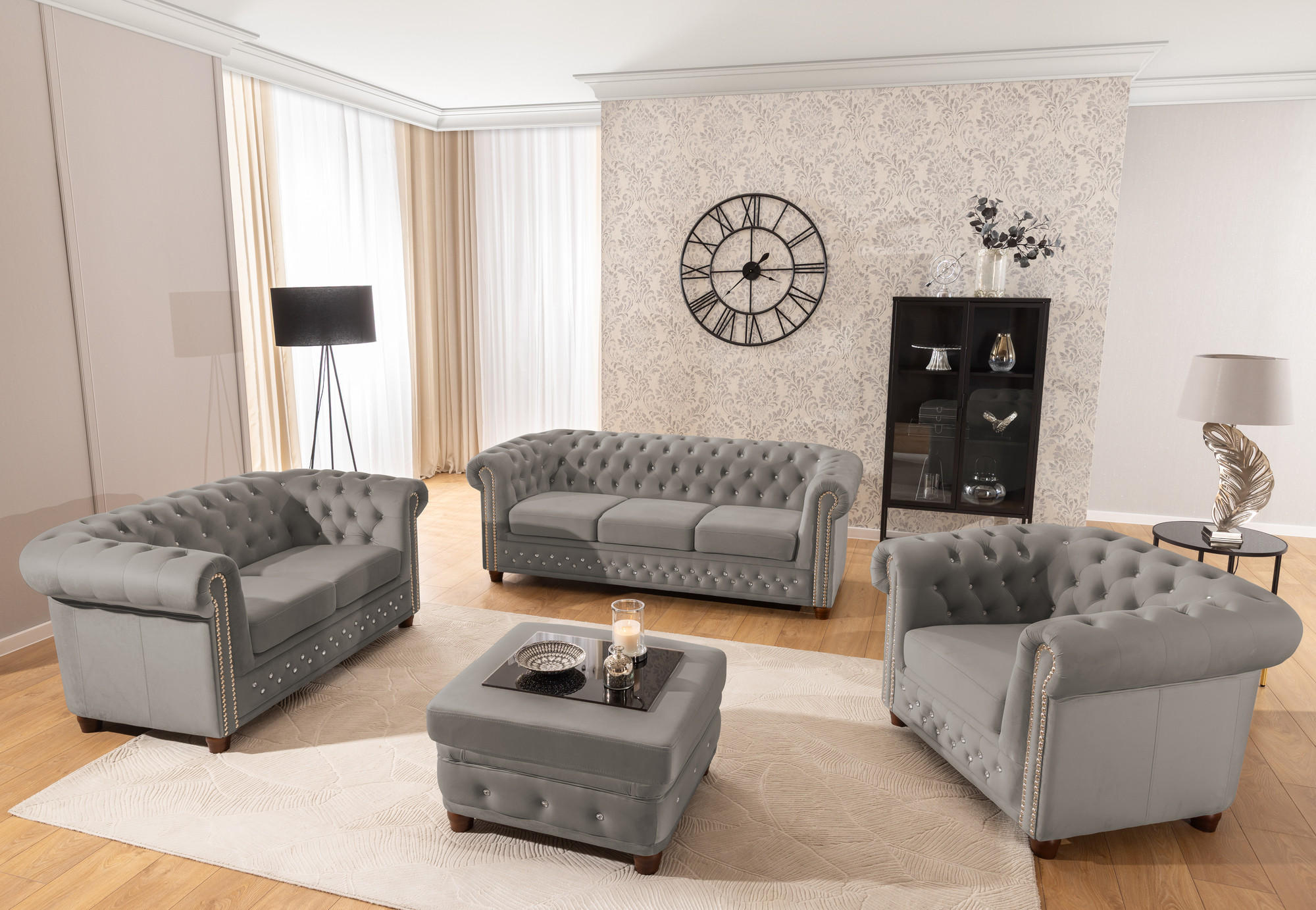 SITZGARNITUR 3+2 Chesterfield Cleo Blink Grau Samt mit Kristallsteppung und braunen Massivholzfüßen - Braun/Grau, Holz/Textil (203/72/86cm) - S-Style Möbel
