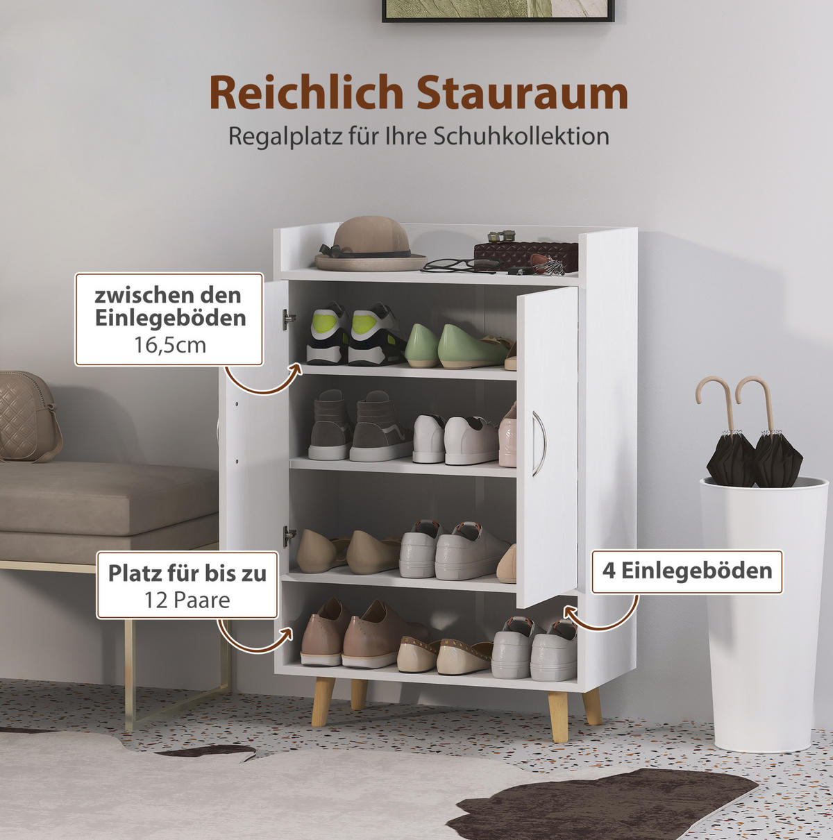 SCHUHSCHRANK 60/30/92 cm in Weiß mit Türen und 3 Innenböden - Weiß, Holz (60/92/30cm) - BEAOK