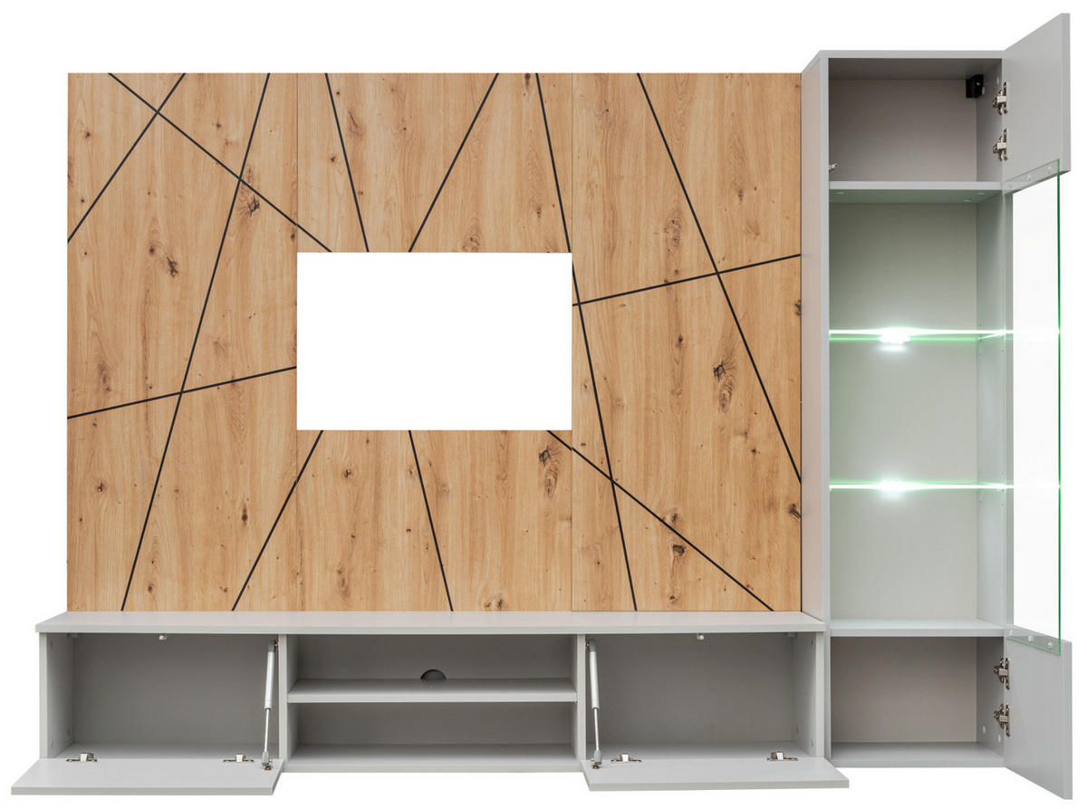 WOHNWAND hellgrau, Eiche Artisan 200 cm, Schrankwand inklusive Beleuchtung, Push-to-Open - Hellgrau/Eiche Artisan, Glas/Holzwerkstoff (200/148/35cm) - Inn.Furn