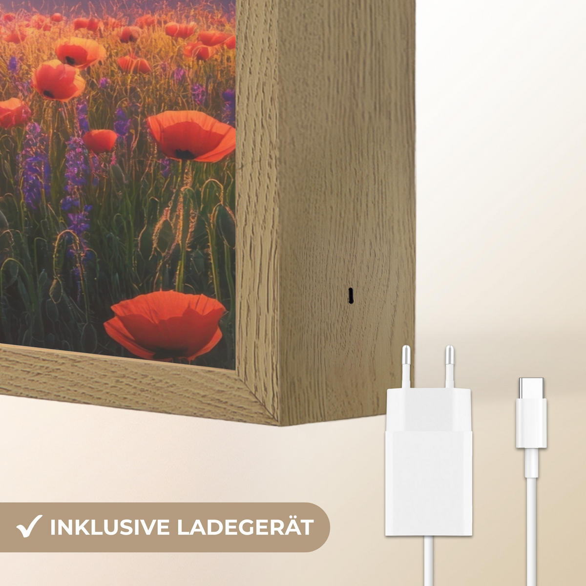 WANDLEUCHTE MIT AKKU Landschaft - Sonnenuntergang - Blumenfeld 40x30 cm - Rot, Holzwerkstoff (40/30/8cm) - OnlyWow