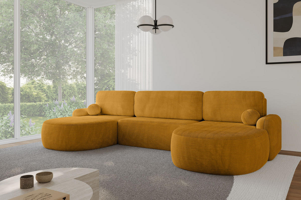 WOHNLANDSCHAFT mit Schlaffunktion und Bettkasten LIRA-U - 335x172x89 Senfgelb - Sandfarben, Holzwerkstoff/Textil (335/89/172cm) - ALTDECOR