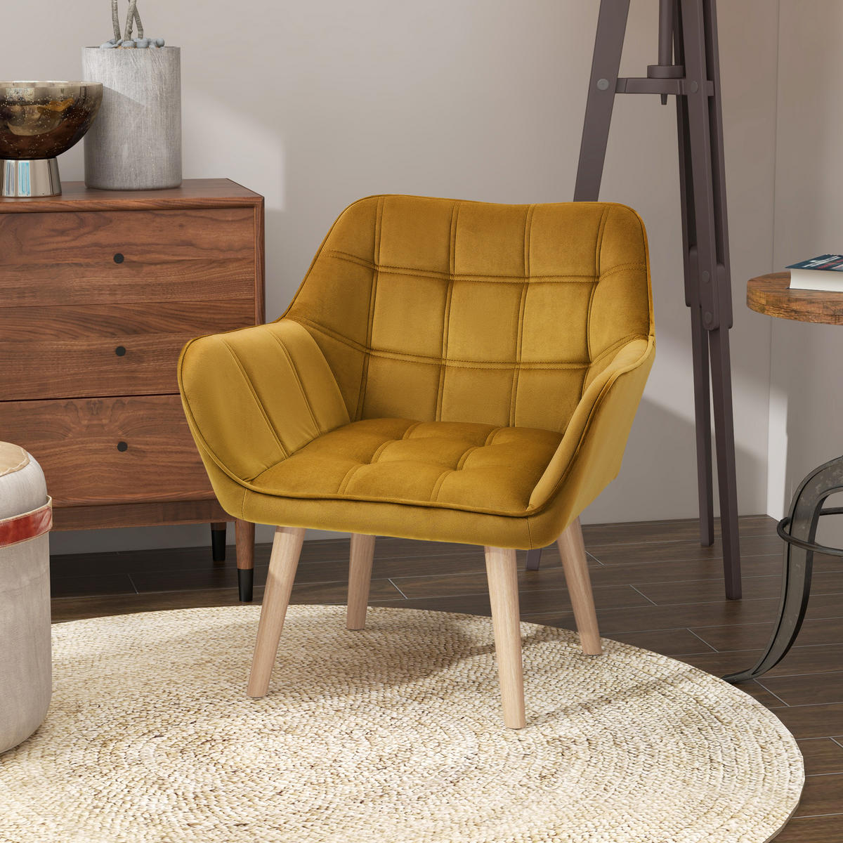 POLSTERSESSEL, Skandi Design, bis 120 kg, Kautschukholzbeine - Currygelb/Gelb, Textil (61.5/71/67cm) - HOMCOM