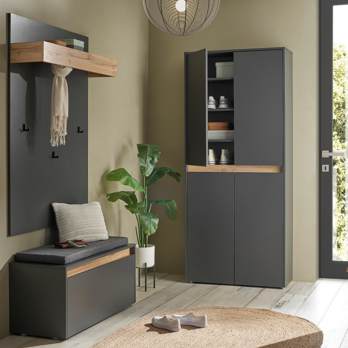 SCHUHSCHRANK grau matt, Eiche Wotan 85 x 195 cm, Flurschrank 4-türig - Eiche Wotan/Schwarz, Holzwerkstoff/Kunststoff (85/195/35cm) - Furn.Design