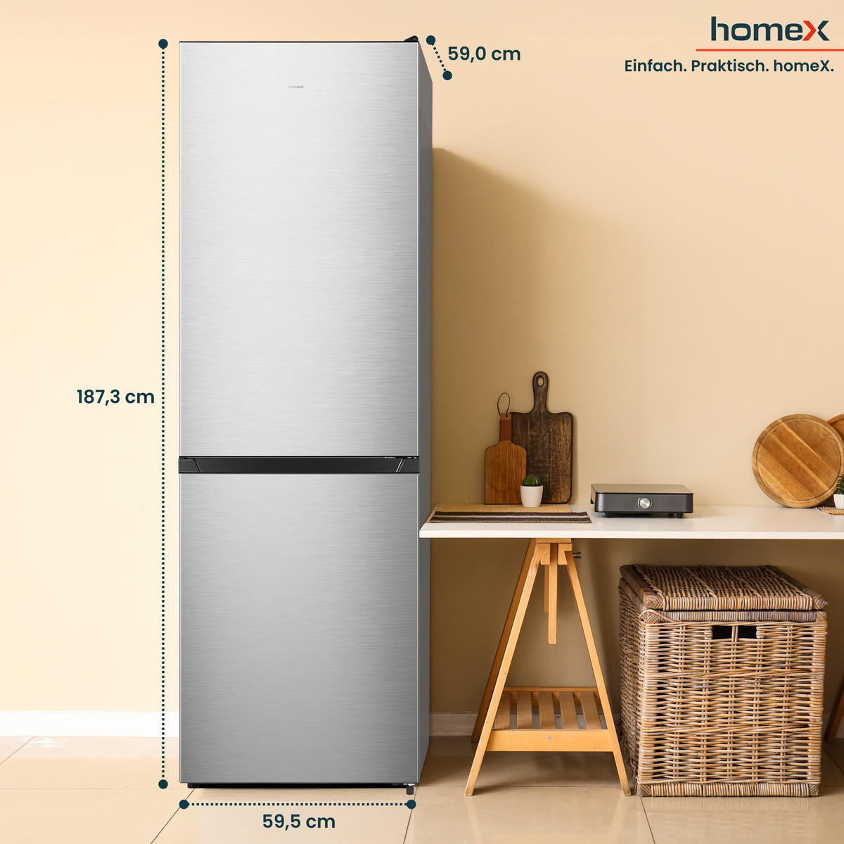 KÜHL-GEFRIER-KOMBINATION, No Frost, freistehend, groß, Kühlschrank mit Gefrierfach - 304 Liter, EEK A, leise 35 dB - Silberfarben, Glas/Kunststoff (59.5/187.3/59cm) - homeX