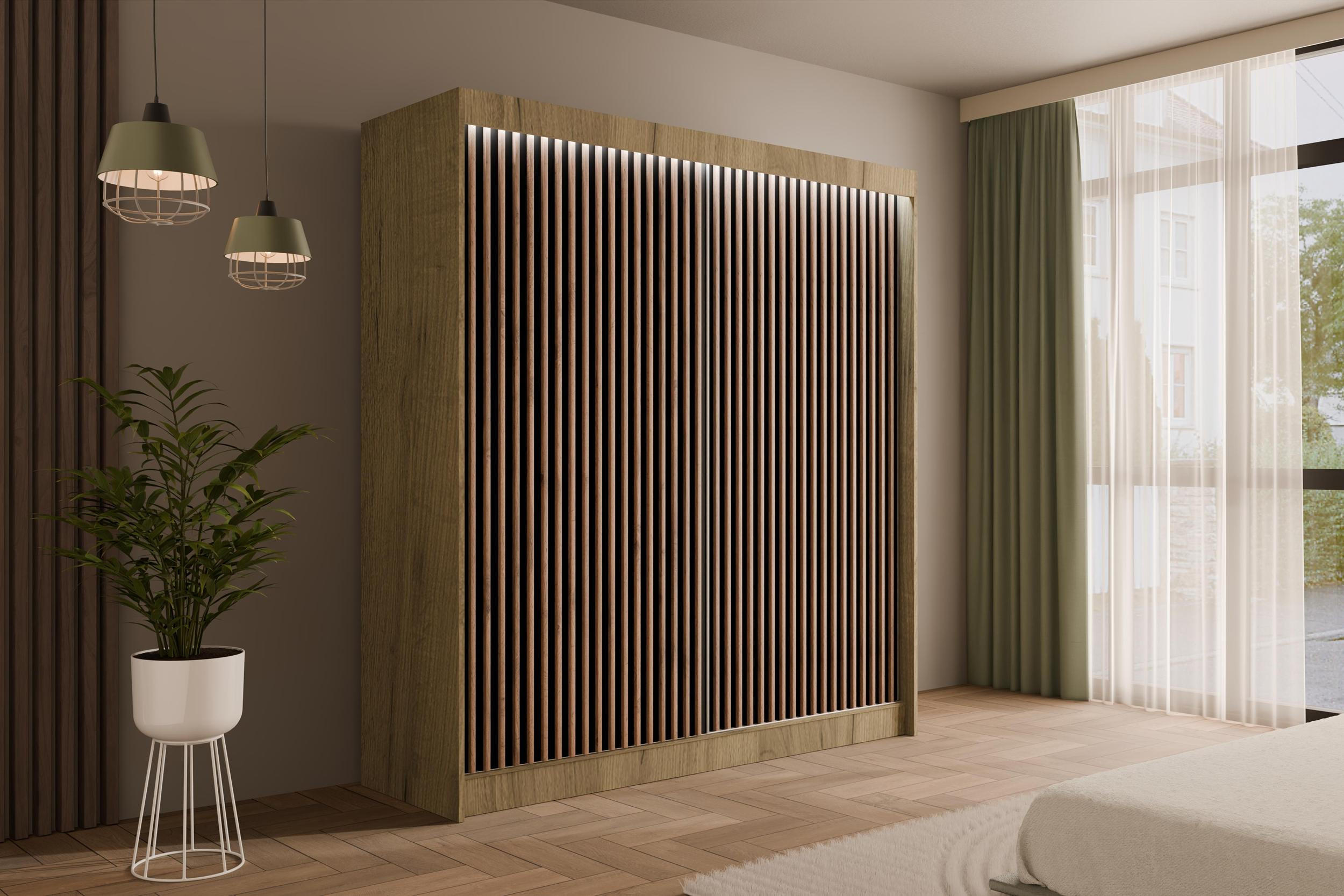 KLEIDERSCHRANK mit LED, Lamel-Schiebetüren VILANv2 - 200 cm Eiche Kraft + Lamelle Eiche Wotan - Hellbraun/Eiche Wotan, Holzwerkstoff (200/215/61cm) - ALTDECOR