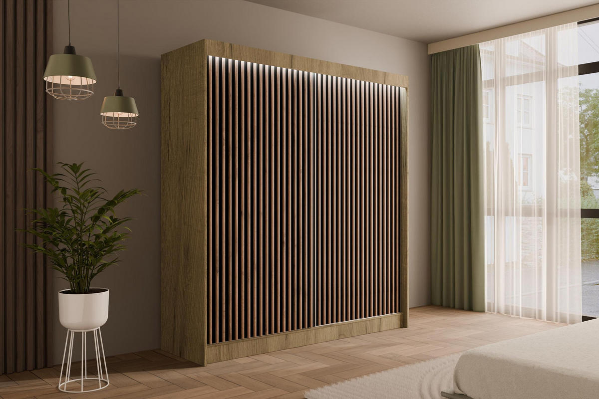 KLEIDERSCHRANK mit LED, Lamel-Schiebetüren VILANv2 - 200 cm Eiche Kraft + Lamelle Eiche Wotan - Hellbraun/Eiche Wotan, Holzwerkstoff (200/215/61cm) - ALTDECOR