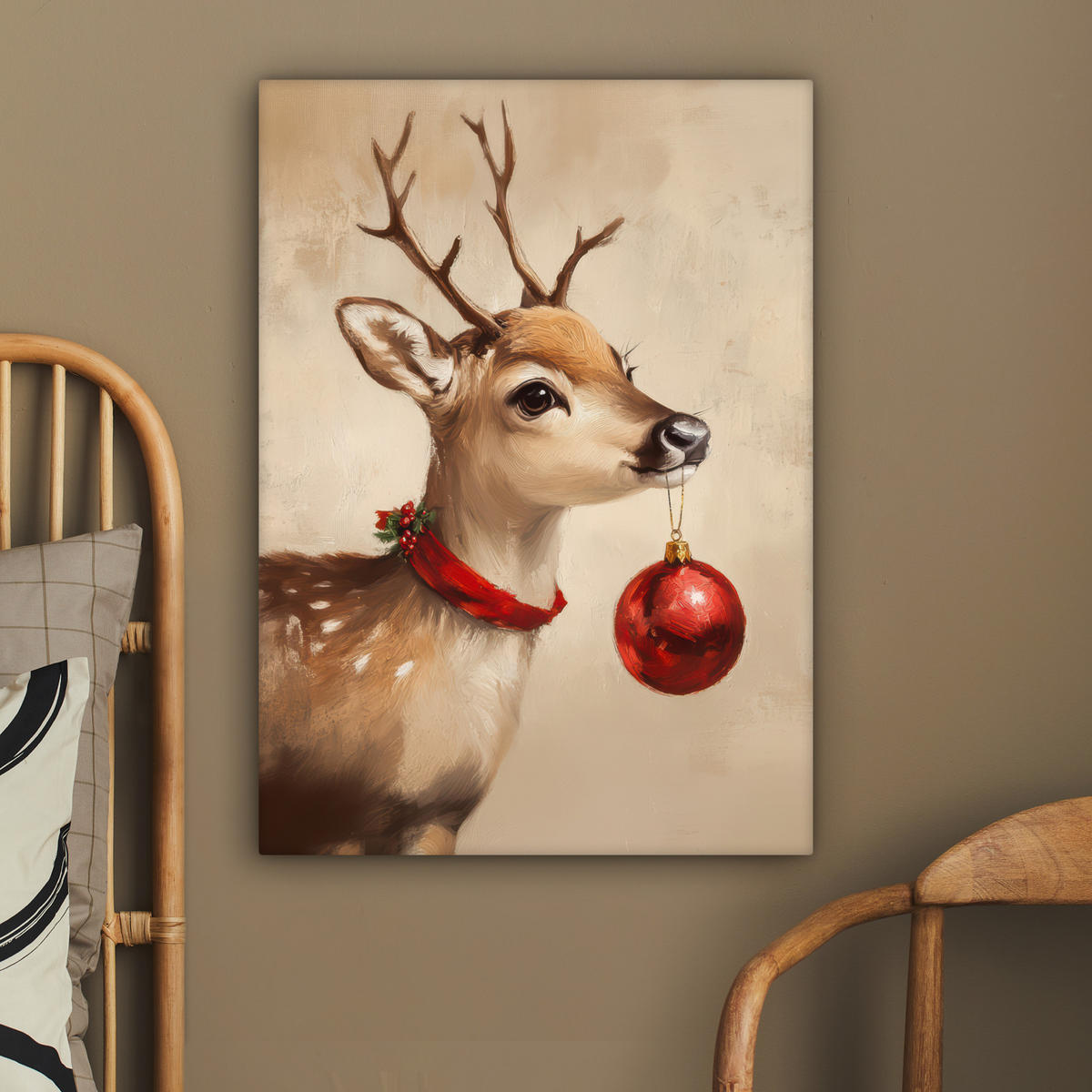 LEINWANDBILD Weihnachten - Hirsch - Geweih - Weihnachtskugel - Rentier 60x80 cm - Hellbraun, Textil (60/80cm) - MuchoWow