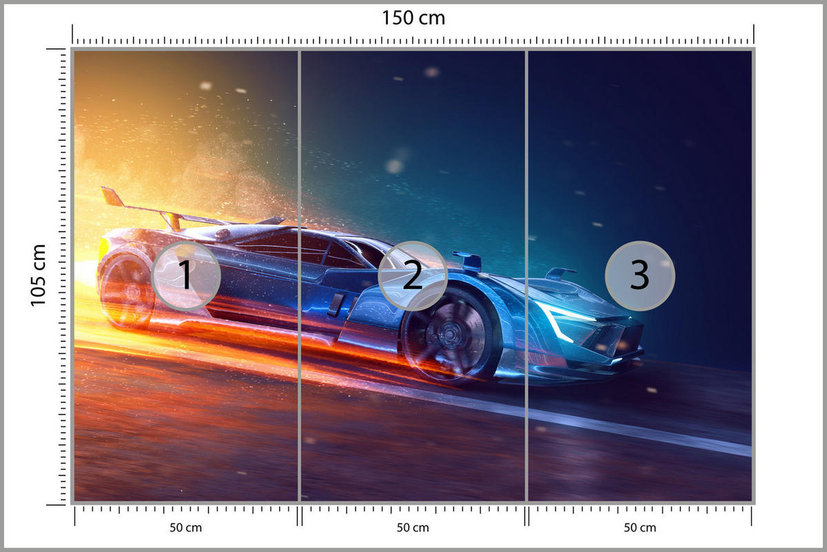 FOTOTAPETE für Jugendzimmer Futuristisches Sportwagen Neon 150x105 - Blau/Gelb, Papier (150/105cm) - Muralo