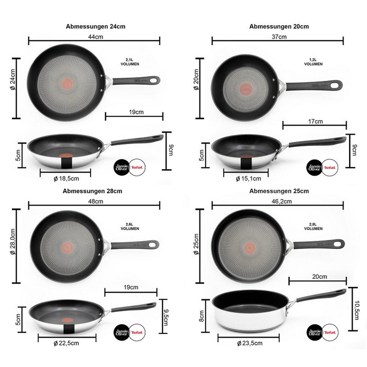 PFANNENSET Edelstahl -Jamie Oliver- 8-tlg, Bratpfannen Ø20/24/28 cm, Wok Ø28 cm, Schmorpfanne Ø25 cm, Induktion & Backofen geeignet Pfanne - Silberfarben, Metall - Tefal