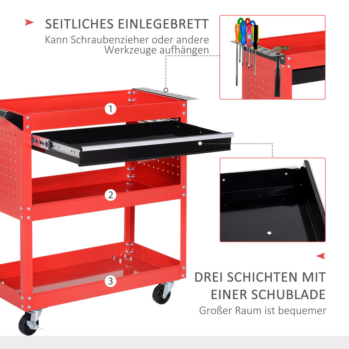 WERKSTATT-ROLLWAGEN, Werkzeugwagen, Rot - Multicolor, Metall (35/76/82cm) - HOMCOM