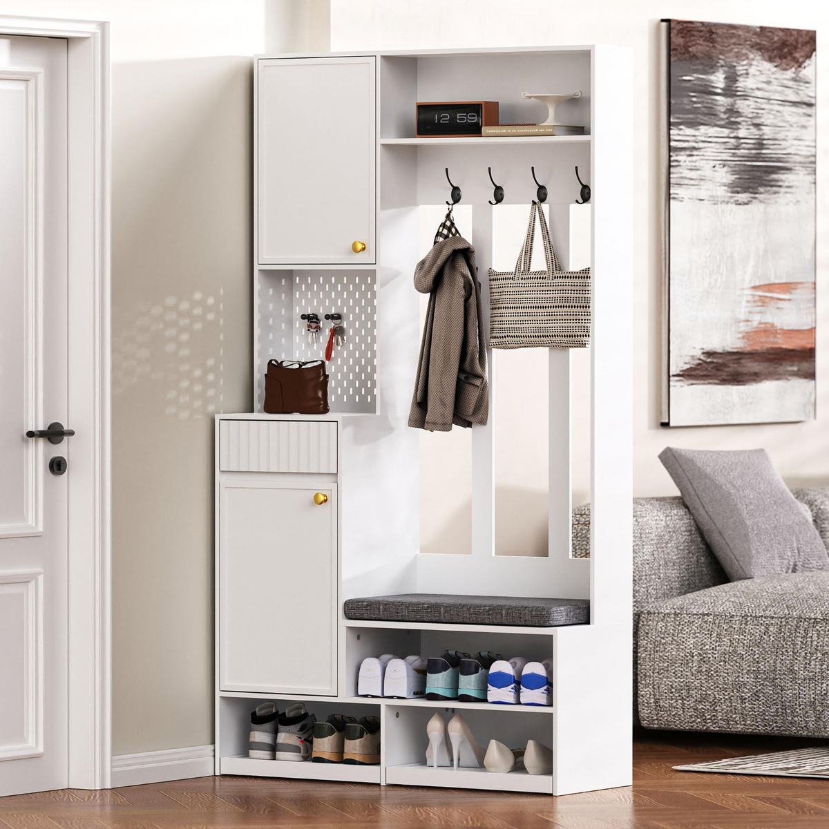 KÜCHENSCHRANK, 100/180/35 cm, MDF, Weiß, 6-IN-1 DESIGN MIT KIPPSICHERUNG, Flurgarderobe für Eingangsbereich - Weiß, Holzwerkstoff (35/180/100cm) - Rolipo