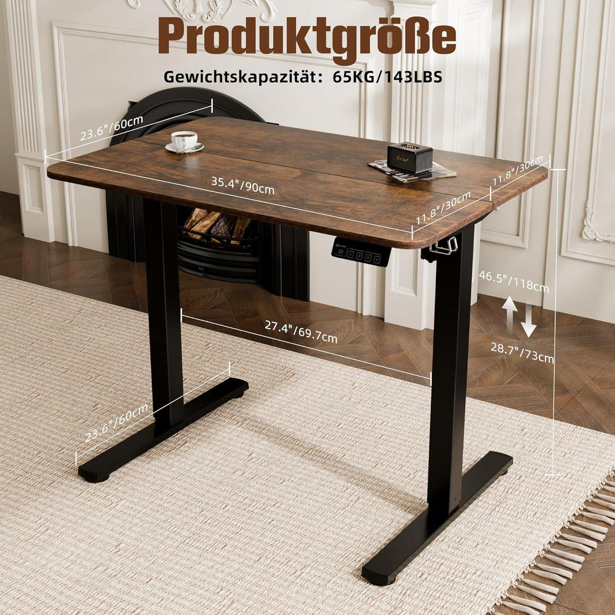 SCHREIBTISCH höhenverstellbar elektrisch 90 x 60 cm Braun - Braun, Holzwerkstoff (90/60/118cm)