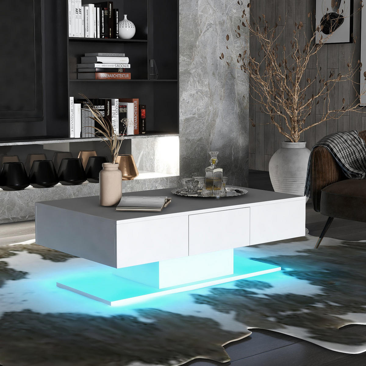 COUCHTISCH 100cm Weiß Hochglanz Modern 2 Schubladen Büro Wohnzimmer - Weiß, Holz (66.5/42.49/16cm) - FLIEKS