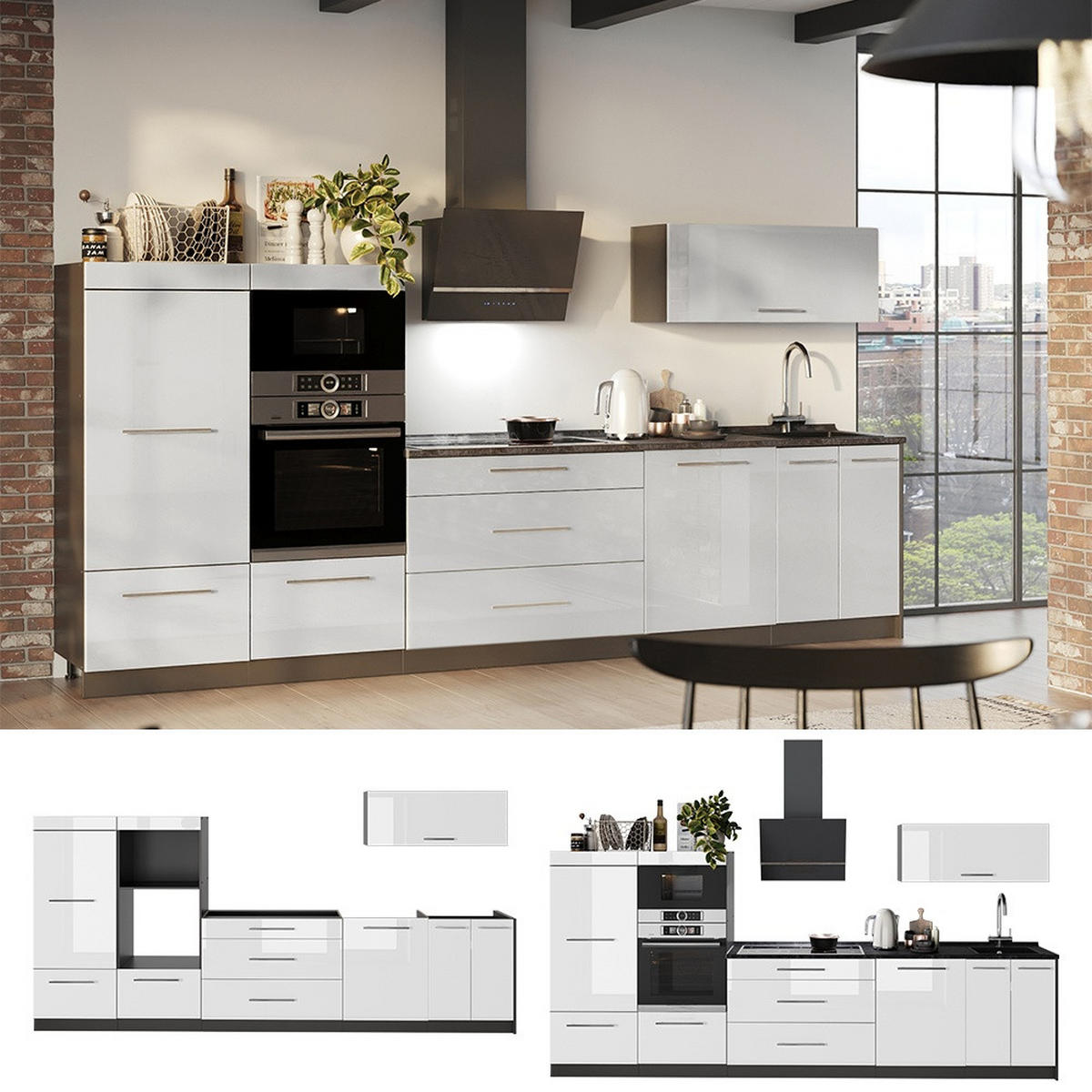 KÖK Fame-Line, Vit högblank/antracit, 340 cm utan bänkskiva - Antracit/Vit högglans, Träbaserade material (340/153.6/51.6cm) - Vicco