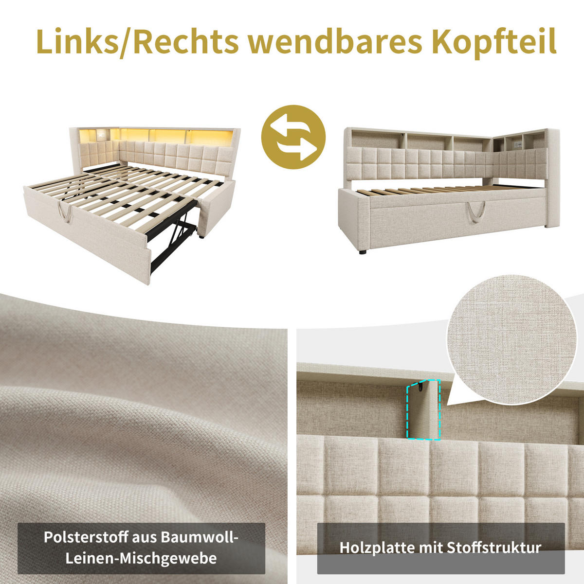 POLSTERBETT 90/200 cm mit Ausziehbett, LED und Bluetooth-Lautsprecher, Beige - Beige, Textil (90/200cm) - BEAOK