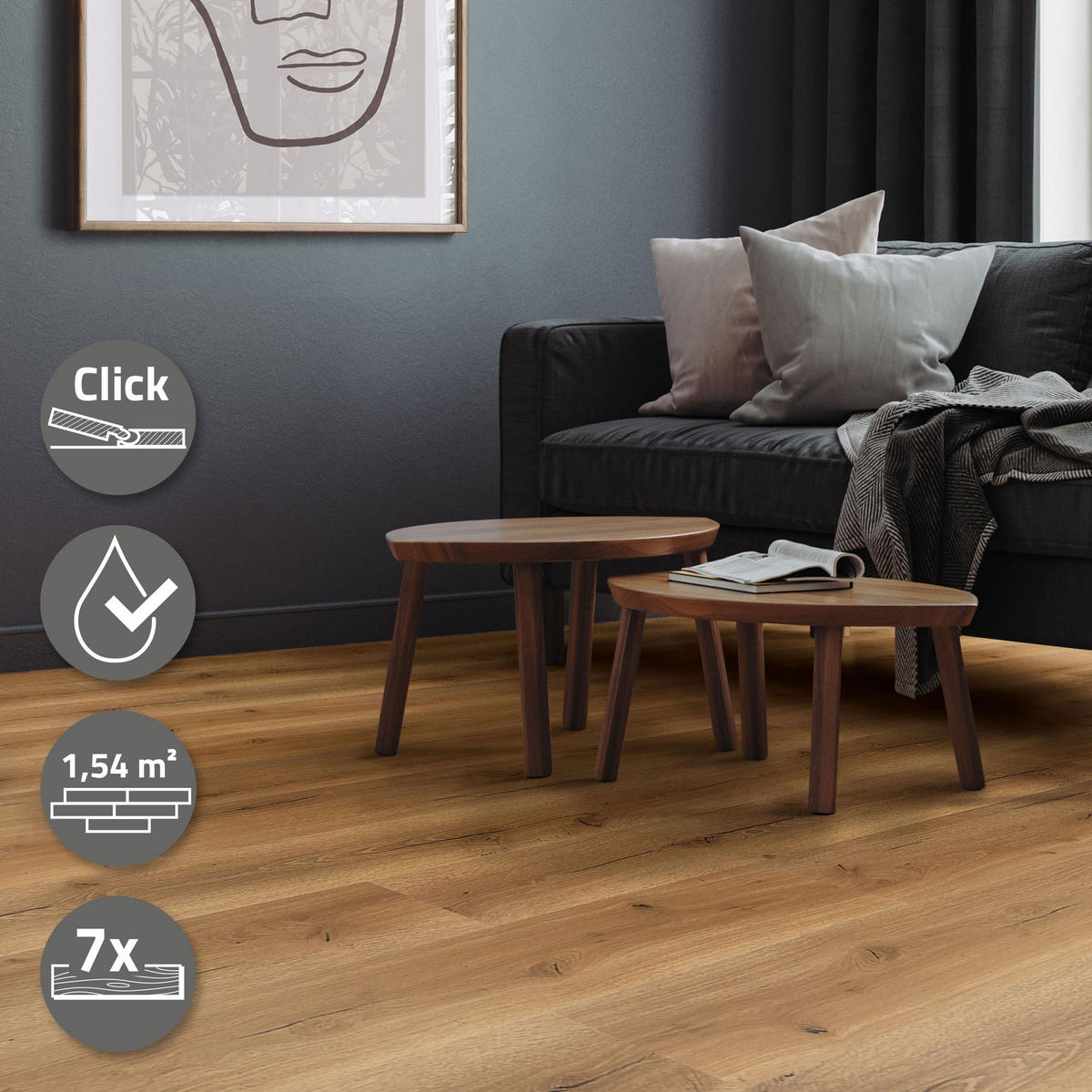 VINYLOVÁ PODLAHA s klikovým systémem 1,54 m²/7 lamel, PVC podlahová krytina, dub rustikální, vzhled dřeva - divoký dub, plast/umělá hmota (122/18/0.42cm) - ML-DESIGN