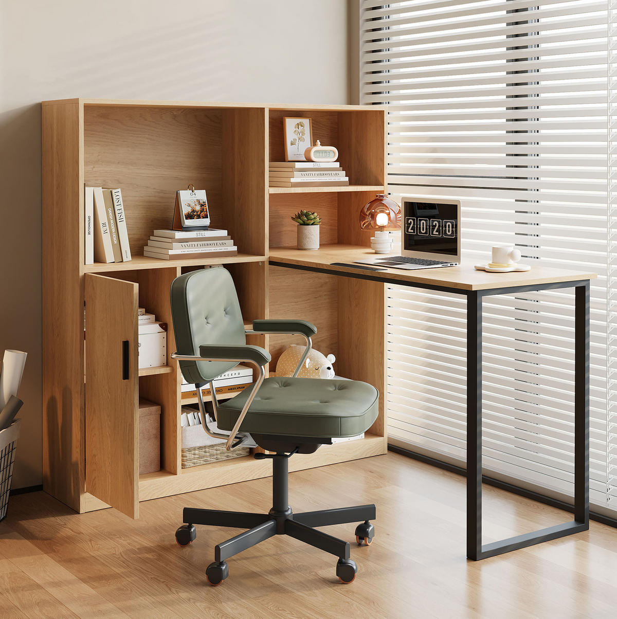 SCHREIBTISCH mit Stauraum in Natur aus MDF – mit Regal und Schrank - Naturfarben, Holzwerkstoff (50/120/120cm) - BEAOK