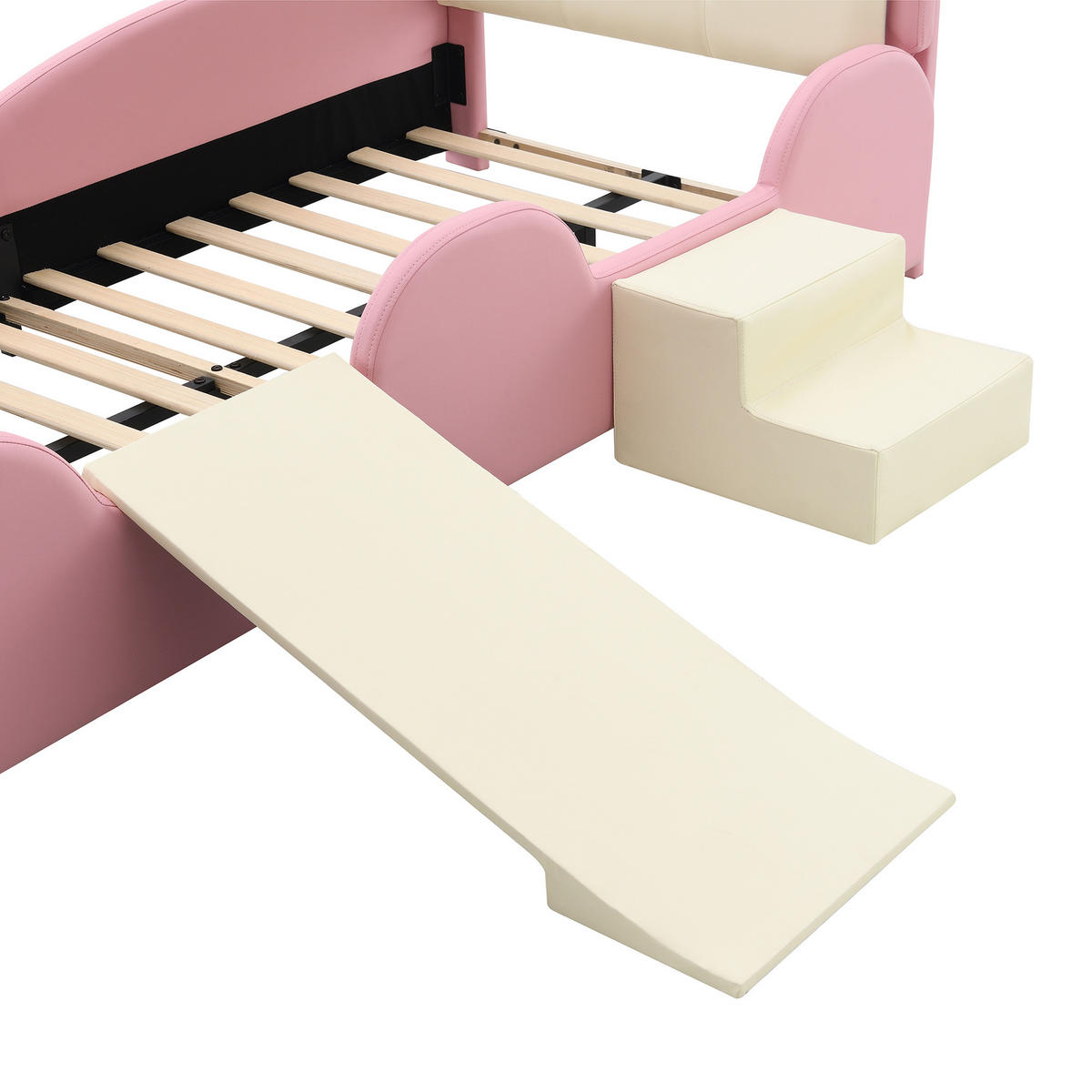 KINDERBETT 90/200 cm in Rosa & Beige mit Rutsche, Treppe und LED im Kronen-Design - Beige/Rosa, Holzwerkstoff/Textil (90/200cm) - STILVORA