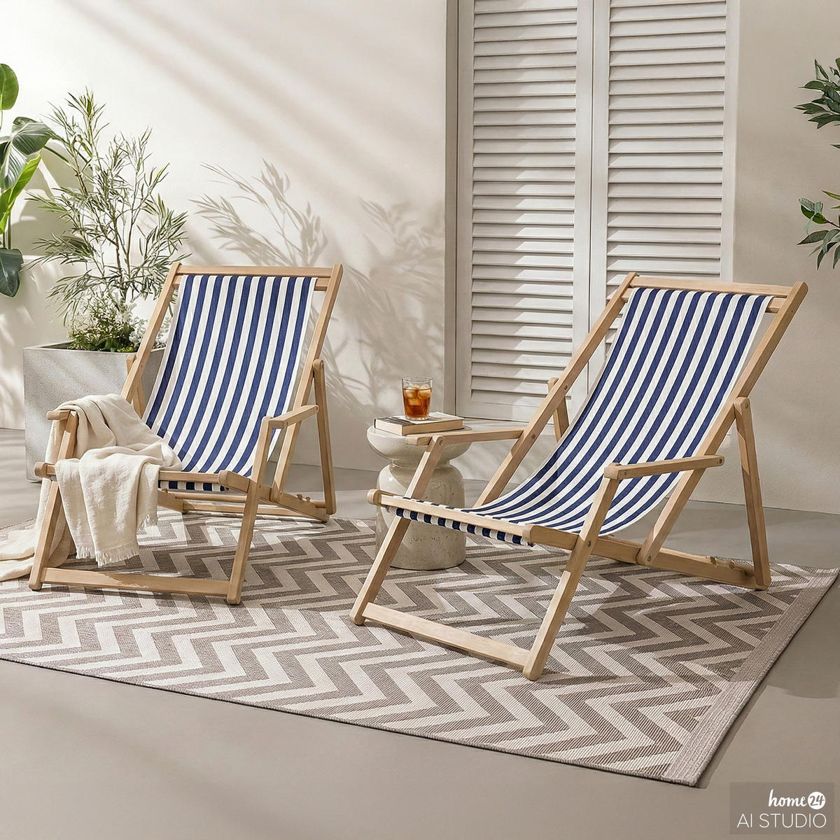 LIEGESTUHL - Akazie massiv / Webstoff - Blau, Holz/Textil (63/88/102cm) - home24