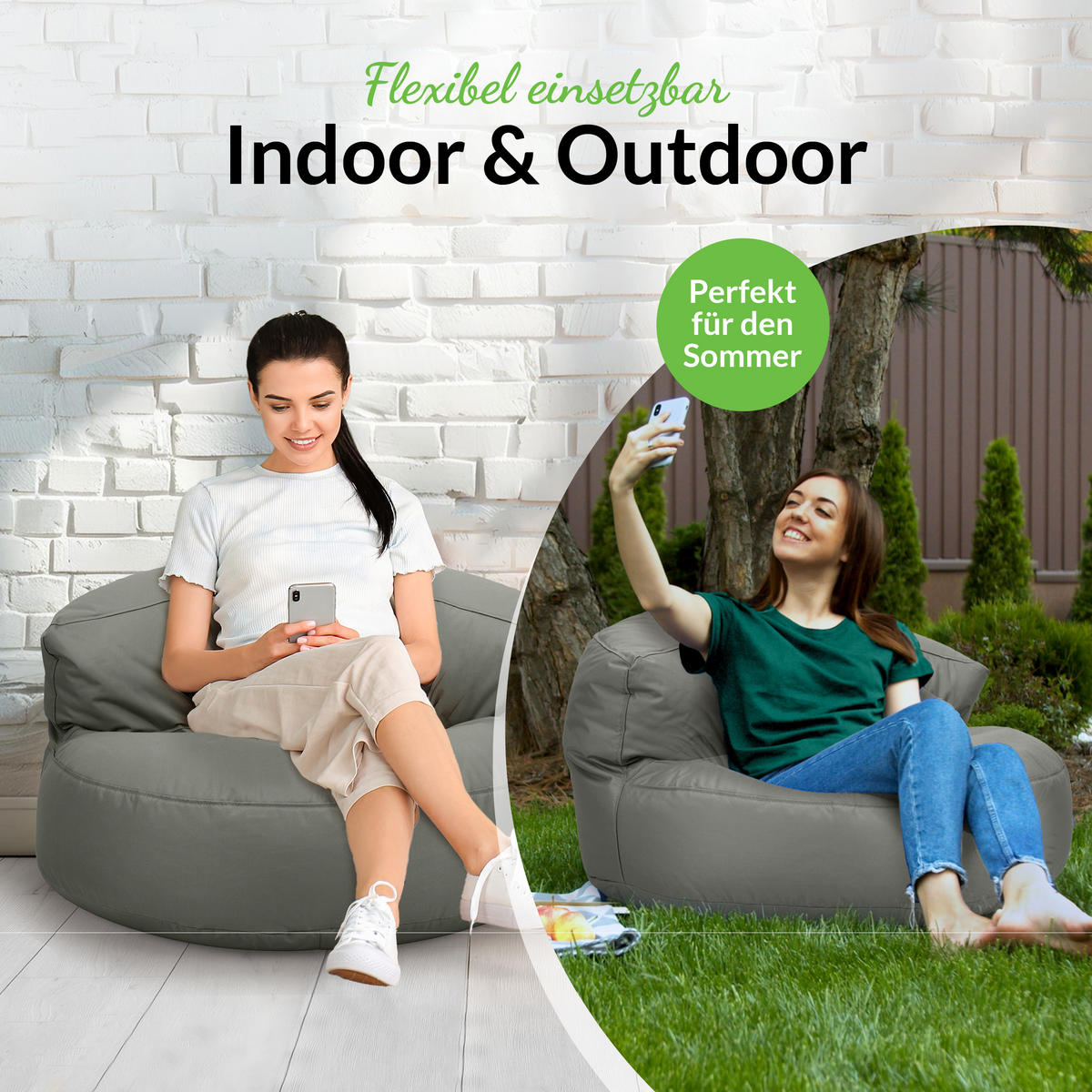 INDOOR OUTDOOR SITZSACK Lounge Sofa - Grau, Textil (90/50/50cm) - Green Bean