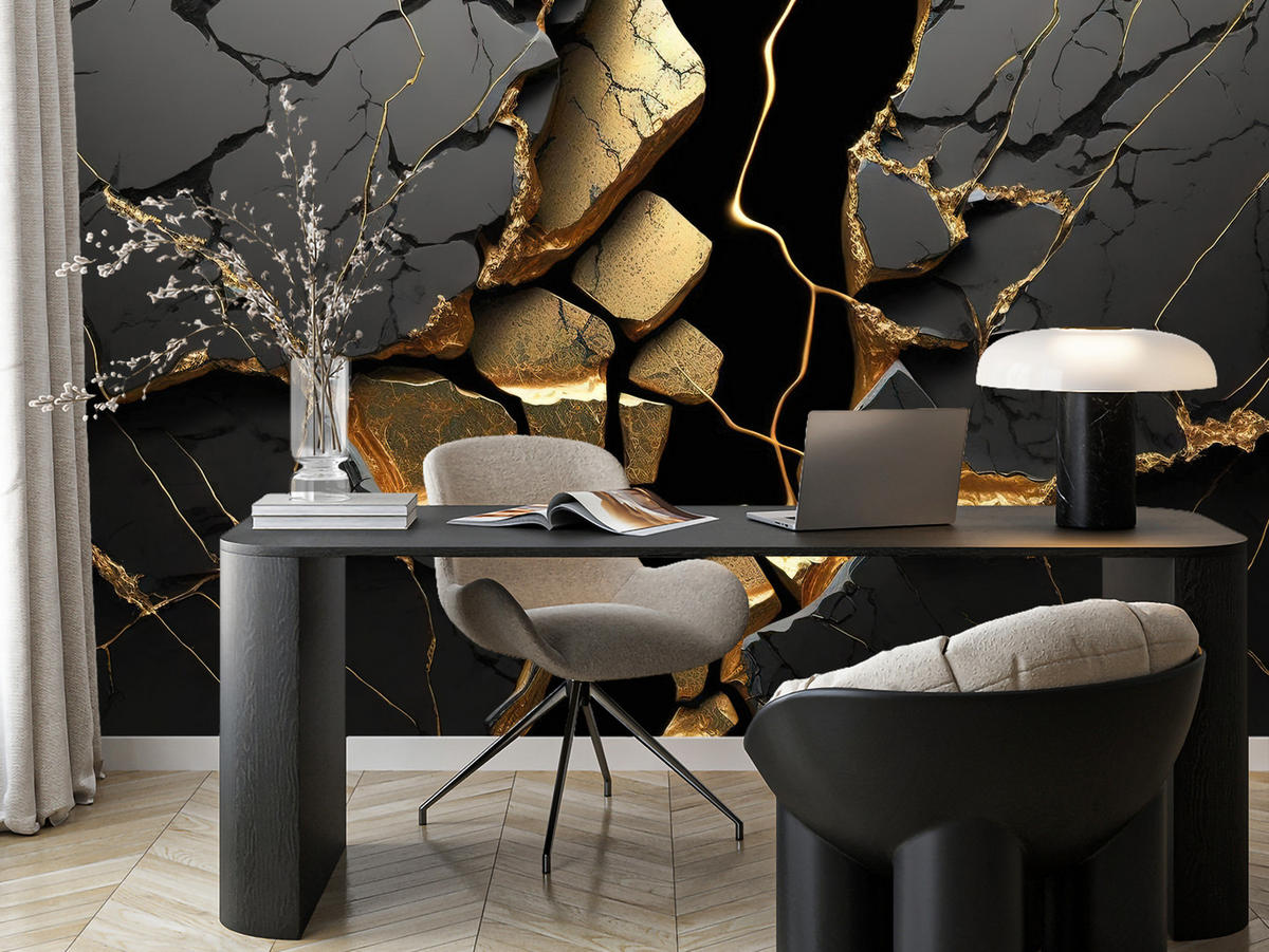 FOTOTAPETE für Wohnzimmer Schwarzer Abstrakter Marmor Gold Risse Wand 200x140 - Schwarz, Papier (200/140cm) - Muralo