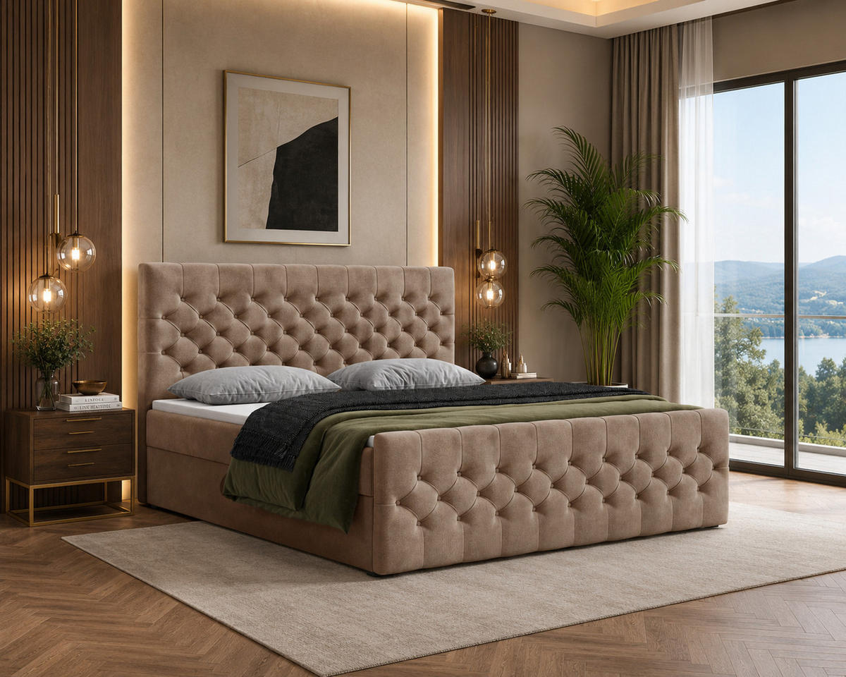 BOXBETT 12 140 x 200 cm - Manila - Modernes Polsterbett mit Bettkasten inkl. PU-Schaum-Topper und Federmechanismus - Cappuccino, Holz (140/200cm) - ROYAL24_MARKT