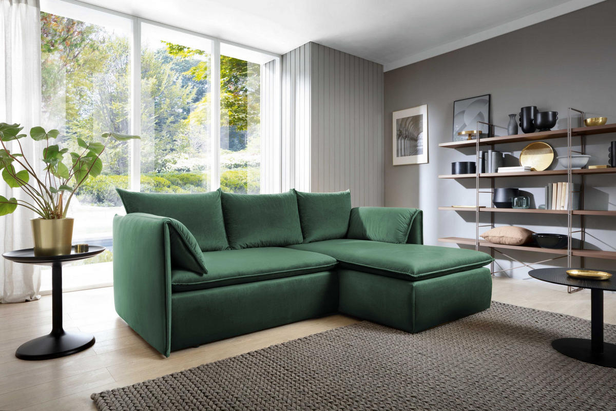ECKSOFA PREGIO Grün Plüsch-Stoff mit Schlaffunktion - Grün, Holz (230/166cm) - MASSENO