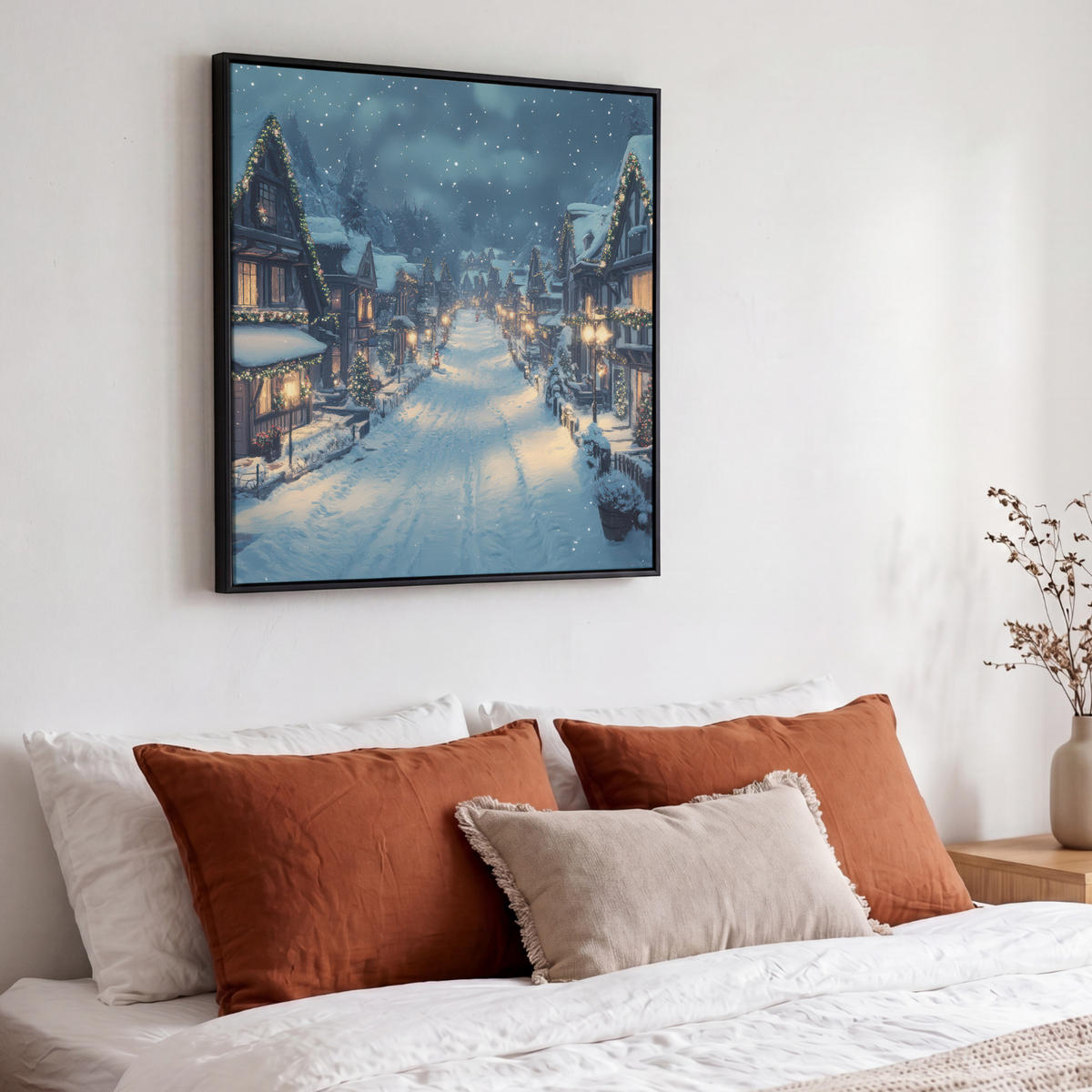 LEINWAND Bilder mit Rahmen - Weihnachtsdorf - Weihnachten - Schnee - Winter - 50x50 - Dunkelblau, Textil (50/50cm) - MuchoWow
