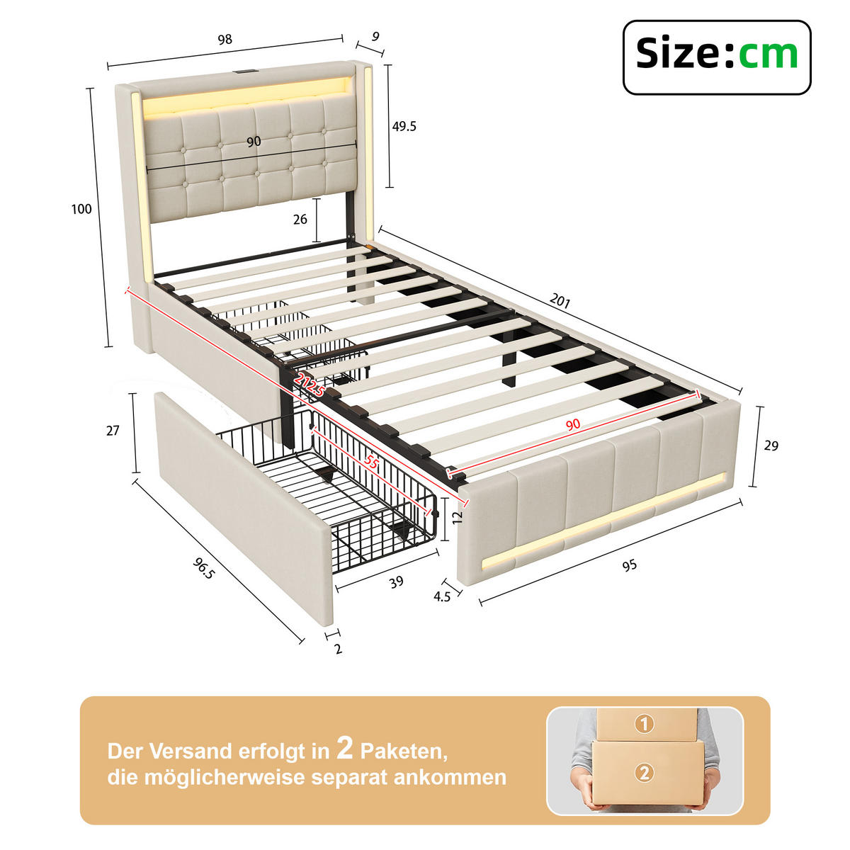 POLSTERBETT 90x200 cm Beige mit LED, Stauraum-Kopfteil & 2 Schubladen - Beige, Holz (90/200cm)