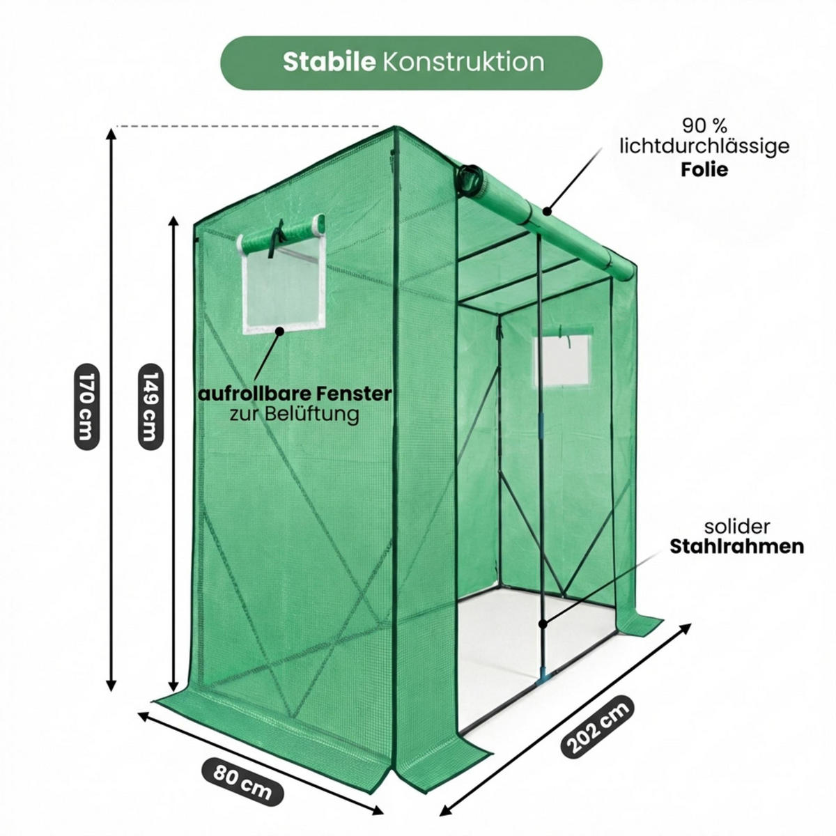 GEWÄCHSHAUS in Hausform, Grün, 202x80x170 cm - Grün, Metall (202/170/80cm) - Akord
