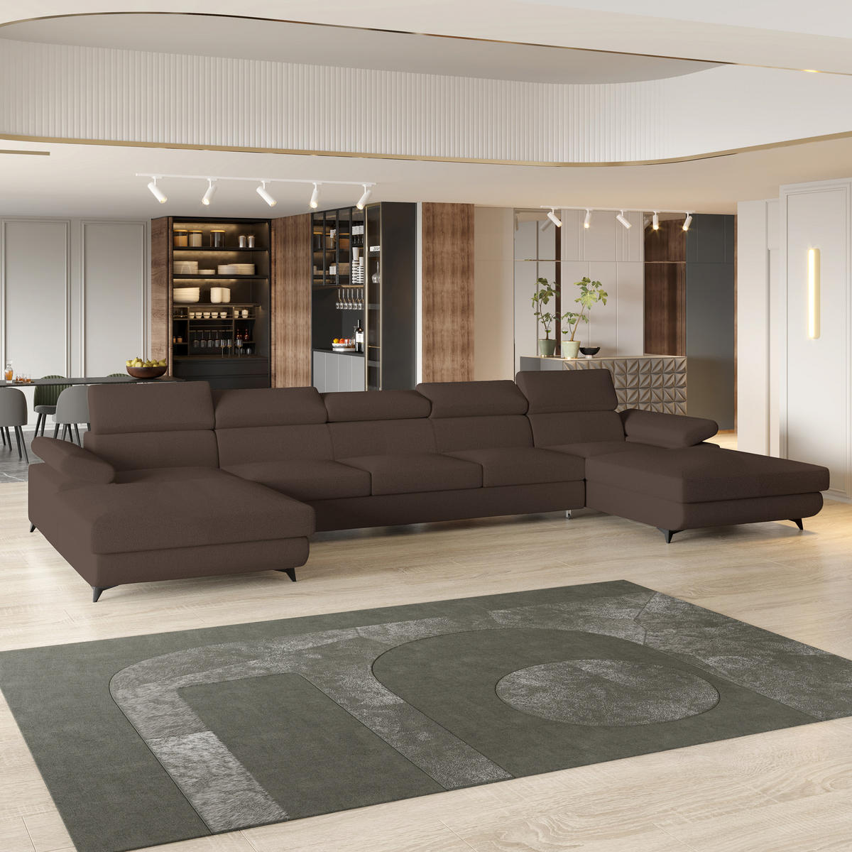 WOHNLANDSCHAFT VIVENTE Braun Boucle-Stoff mit Schlaffunktion - Braun, Holz (410/89/190cm) - MASSENO