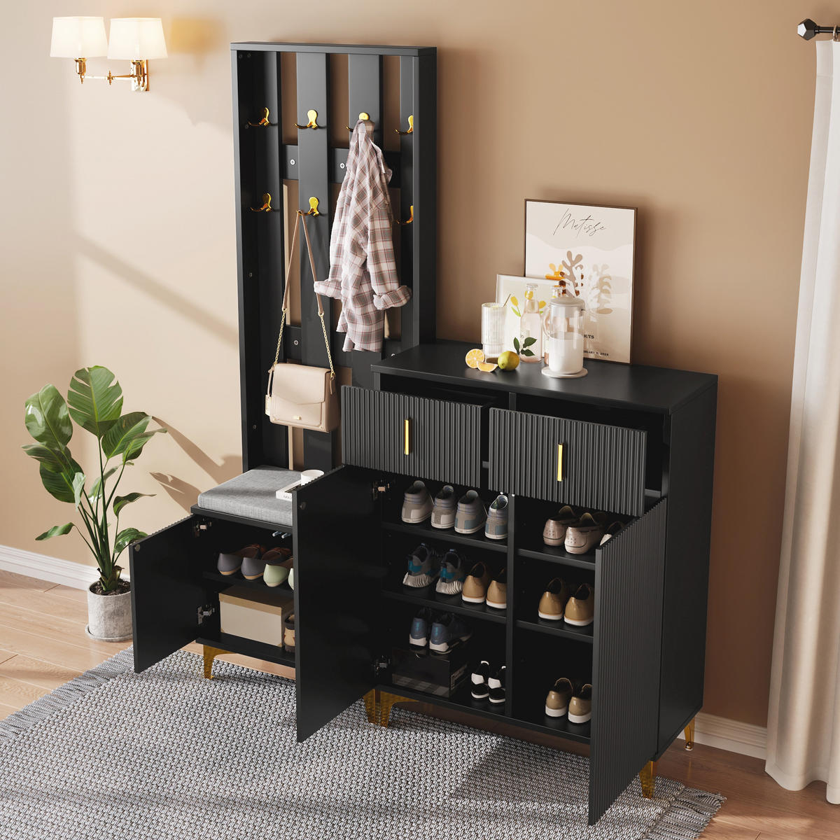 IN Schwarz Kleiderschrank-Set mit Schuhbank und Kissen, Schubladen und Türen, B60.5/T35.2/H180.5cm und B83/T35/H101cm - Goldfarben/Schwarz, Holzwerkstoff/Metall (60.5/180.5/35.2cm) - STILVORA