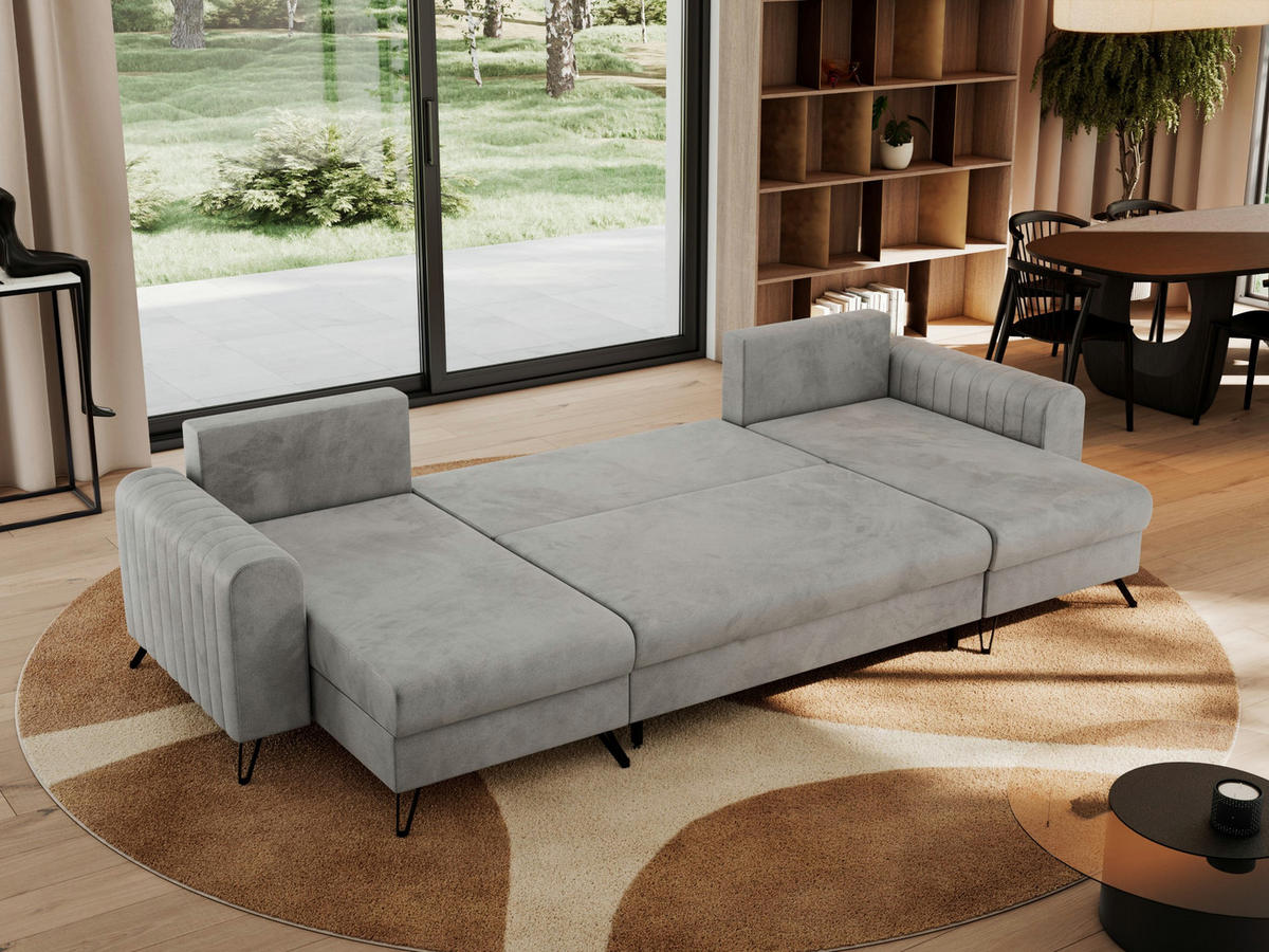 WOHNLANDSCHAFT AXEL U Velvet Hellgrau - Hellgrau/Schwarz, Textil/Metall (312/90/140cm) - MKS