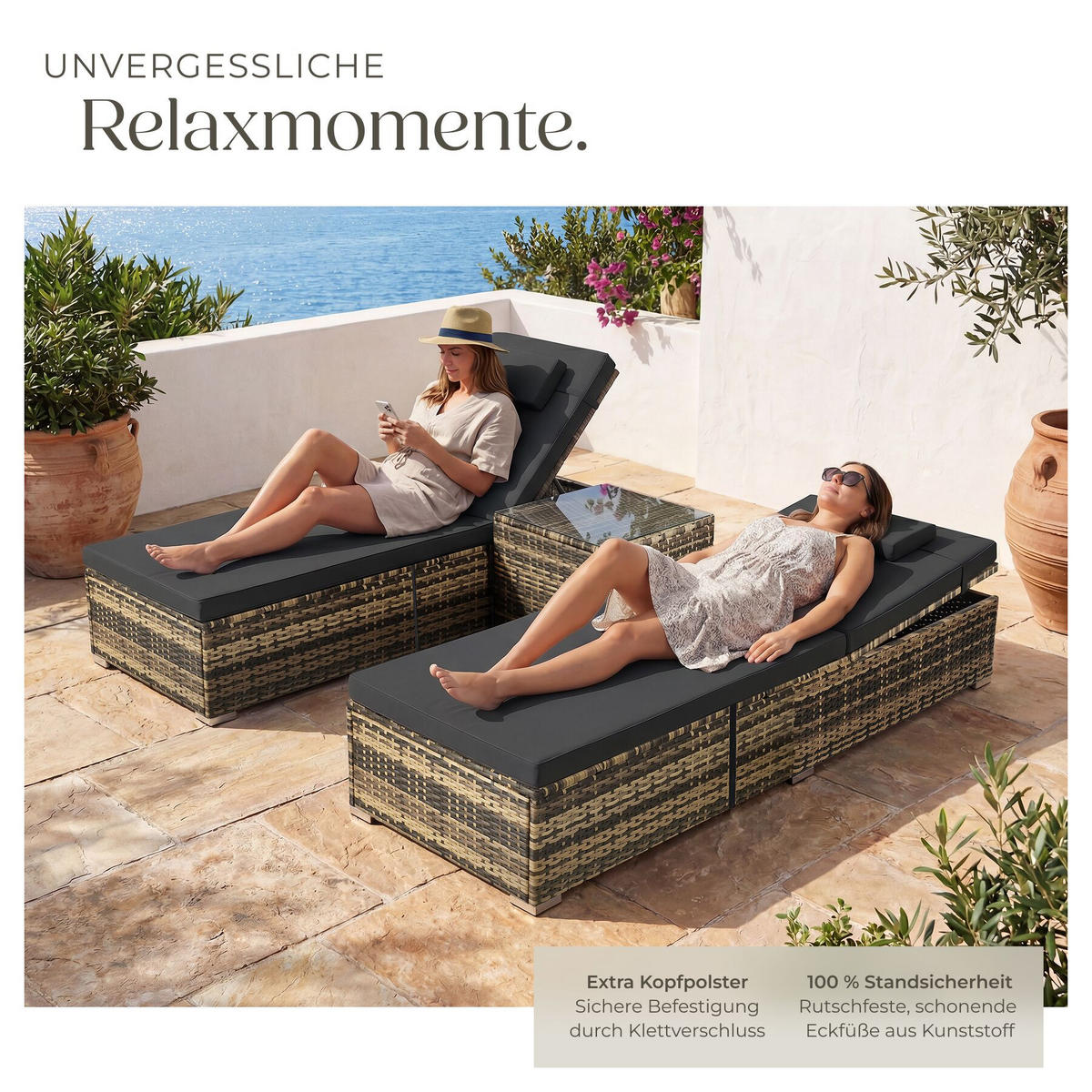 RATTAN-DOPPELLIEGE Carbonera, Belastbarkeit je 200 kg, natur - Naturfarben, Kunststoff (62/36/196cm) - tectake