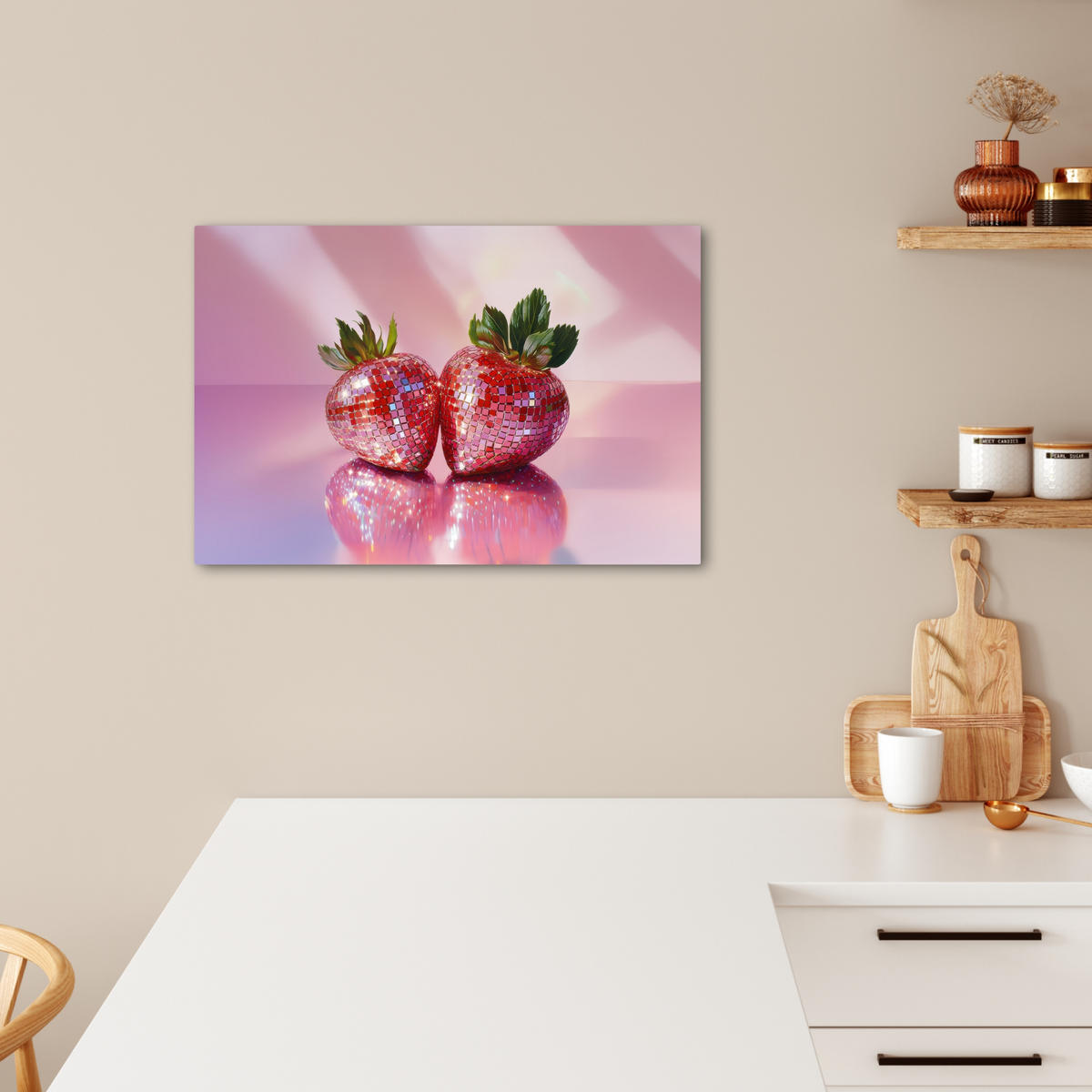 LEINWANDBILD Disco - Obst - Glitzer - Erdbeere Gemälde 60x40 cm - Pink, Textil (60/40cm) - MuchoWow