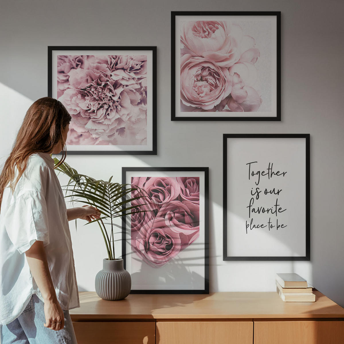 WANDBILDER 4er-Set - 50x50 cm & 40x60 cm Schwarzer Rahmen - Blumensträuße mit Rosen, Hausinschrift - Schwarz, Kunststoff (50/50cm) - ArtPrintCave