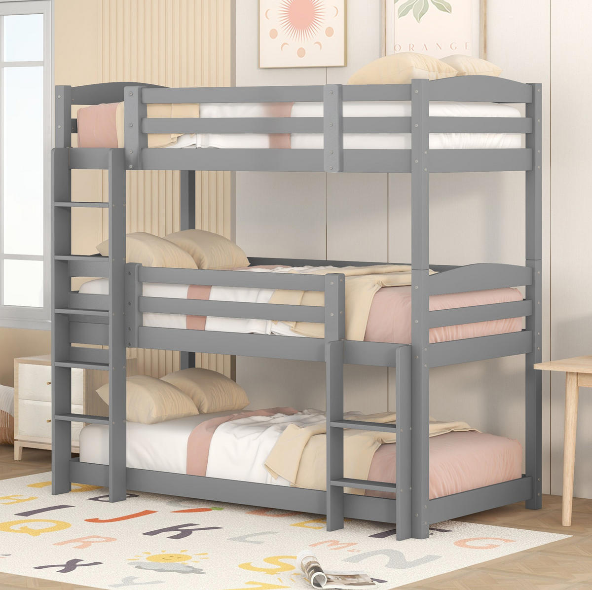 ETAGENBETT 90/200 cm Grau aus Kiefernholz, 3 Schlafplätze mit 2 Leitern - Grau, Holz (90/200cm) - Flora Grace
